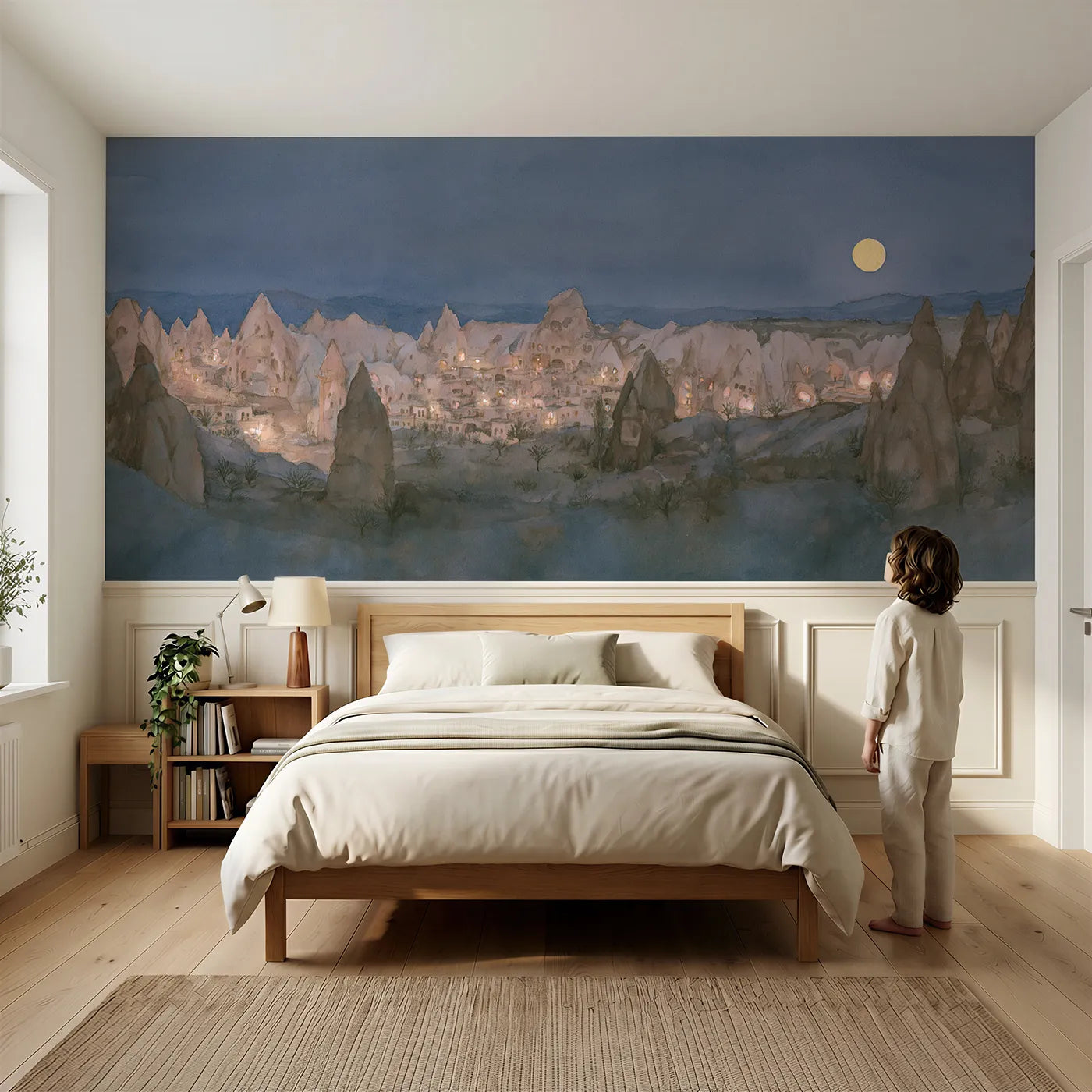 Child reading near Chimney Valley At Moonrise Wainscoting Wallpaper by Whimsy Tots