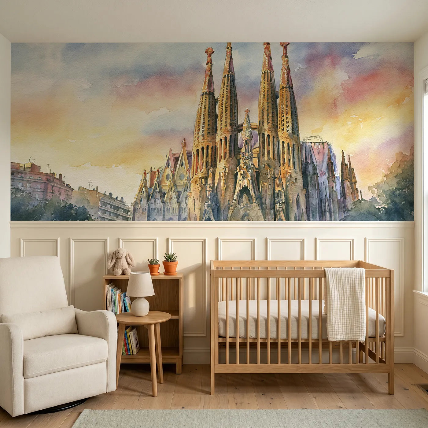 Watercolor wainscoting wallpaper of dream spires at dawn by Whimsy Tots