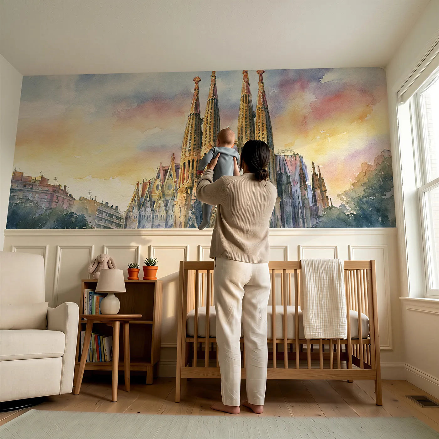 Child reading near Sagrada Spires At Dawn Wainscoting Wallpaper by Whimsy Tots