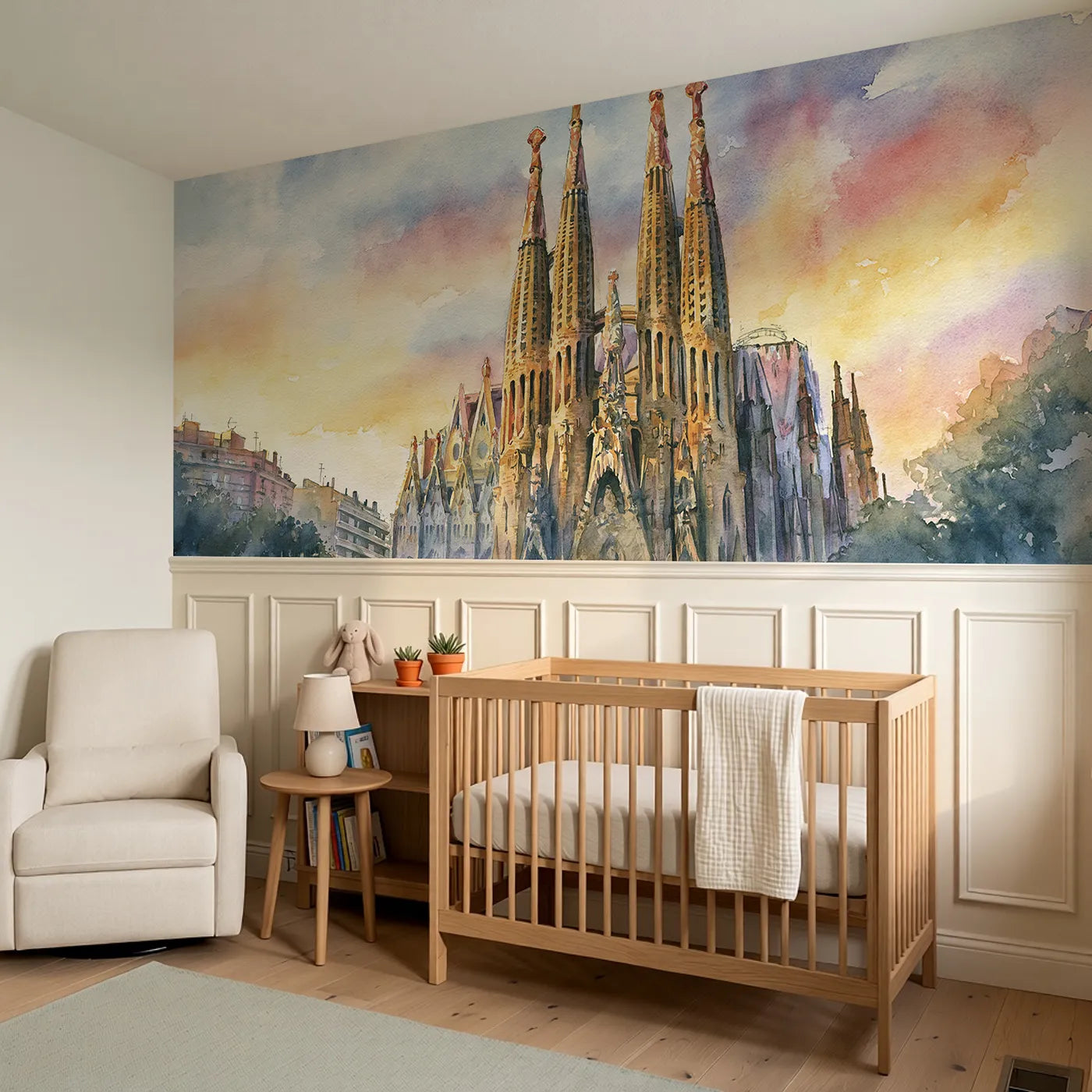 Sagrada Spires At Dawn Wainscoting Wallpaper styled in a kids room by Whimsy Tots