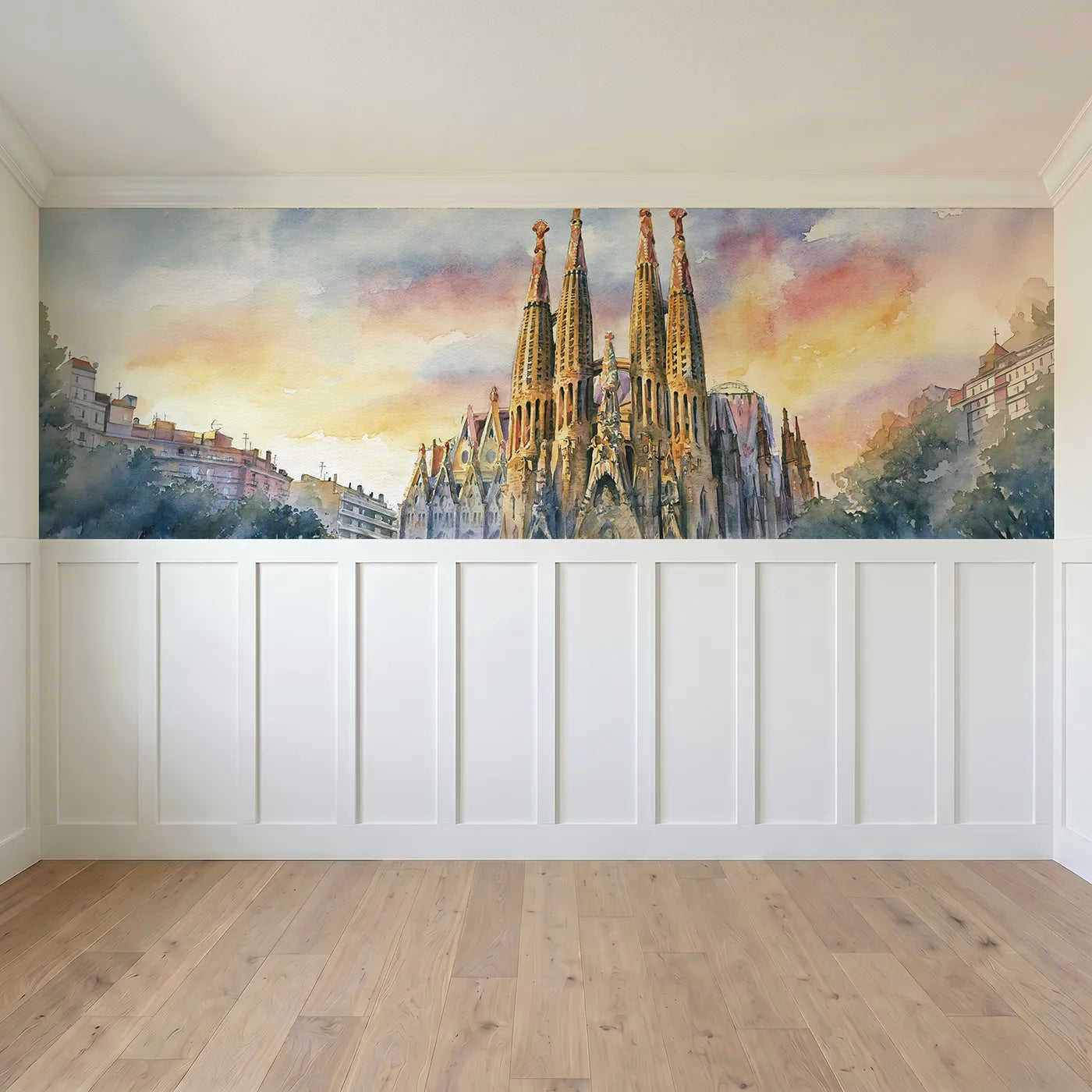 Full panel view of Sagrada Spires At Dawn Wainscoting Wallpaper by Whimsy Tots