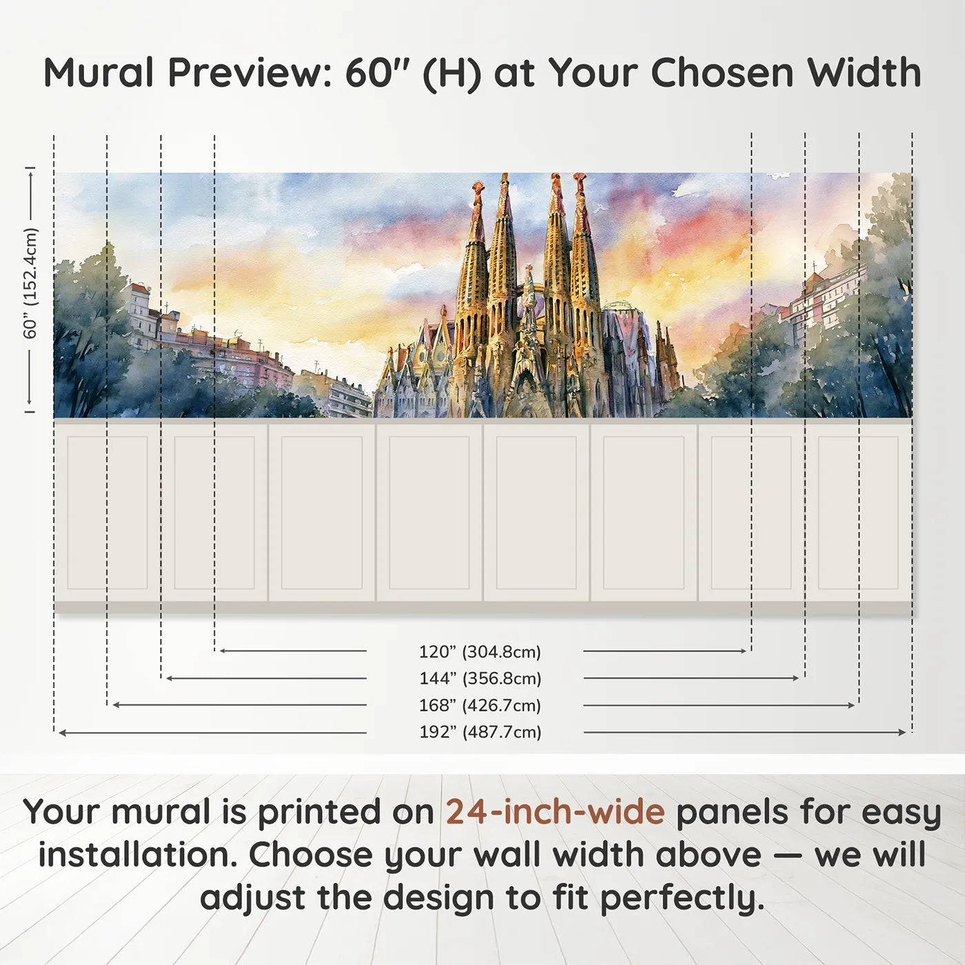 Panel dimensions for Sagrada Spires At Dawn Wainscoting Wallpaper by Whimsy Tots