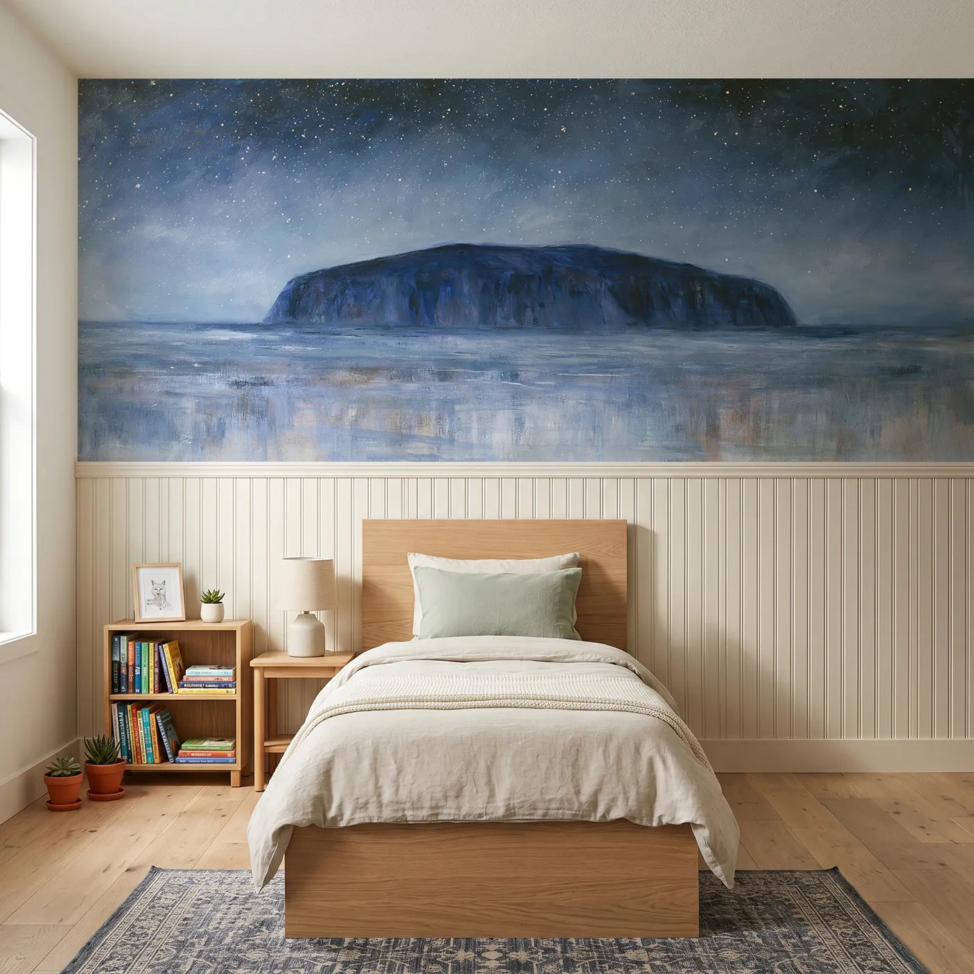 Watercolor wainscoting mural of Uluru under desert stars by Whimsy Tots