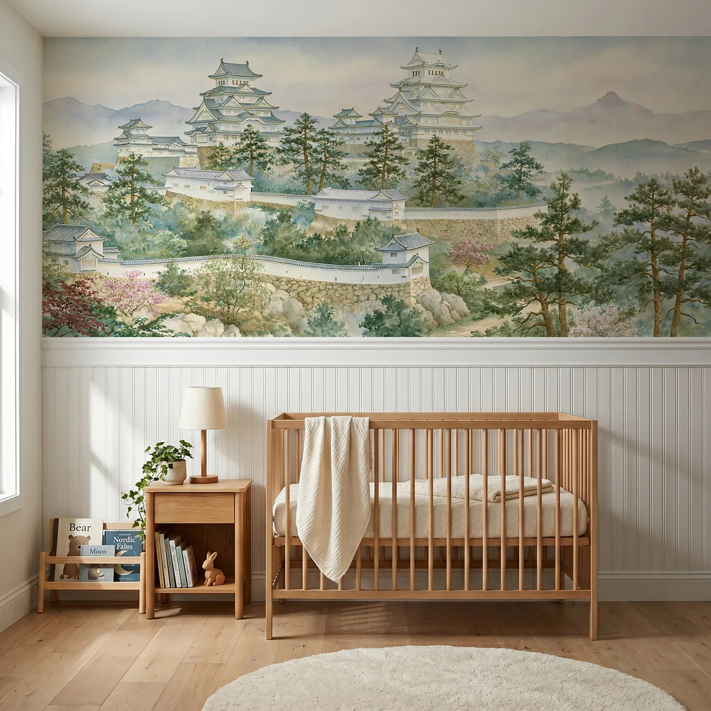 Storybook wainscoting wallpaper of white walls shining after rain by Whimsy Tots