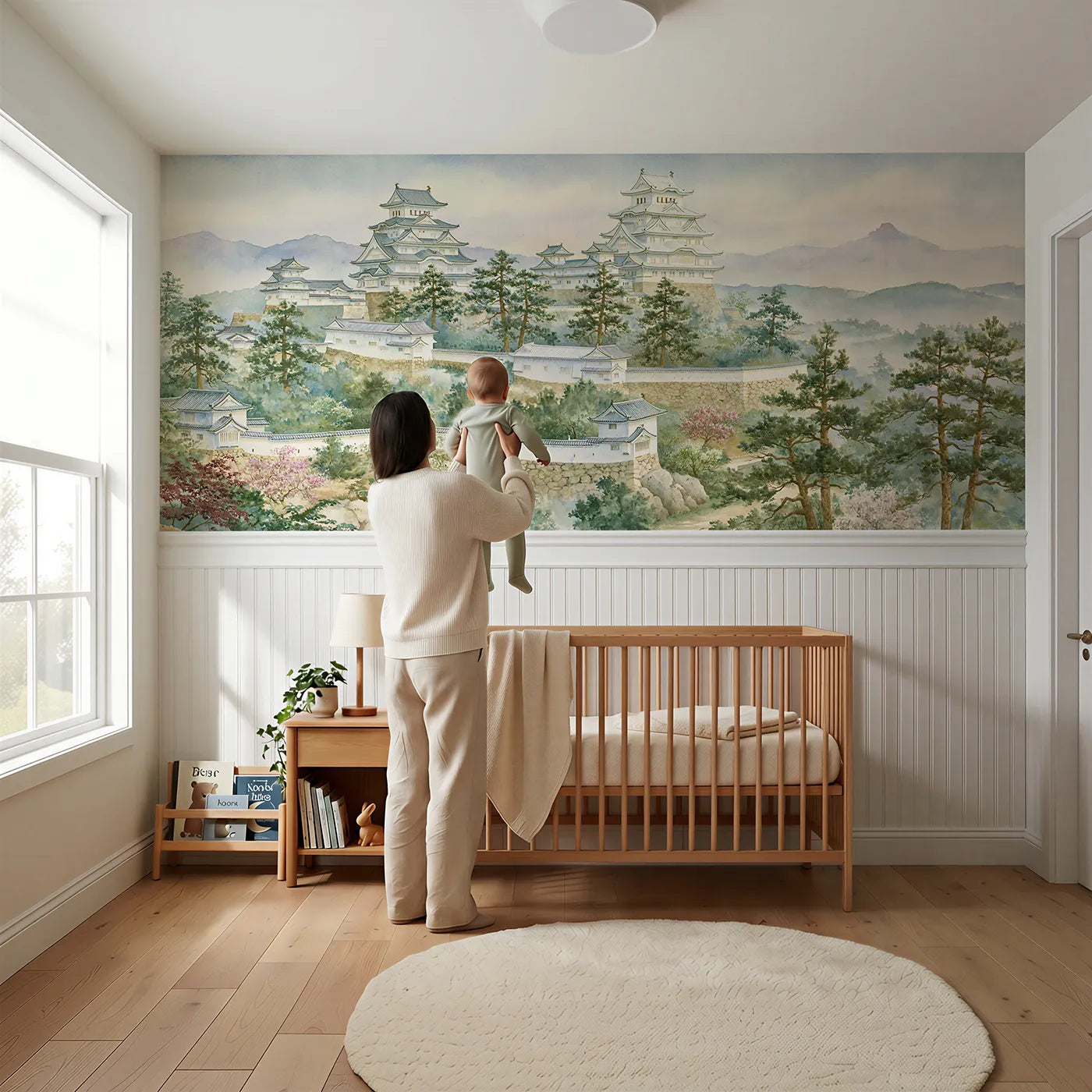 Child reading near White Walls After Rain Wainscoting Wallpaper by Whimsy Tots