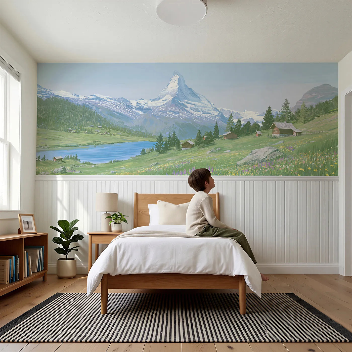Child reading near Matterhorn Bright Peak Wainscoting Wallpaper by Whimsy Tots