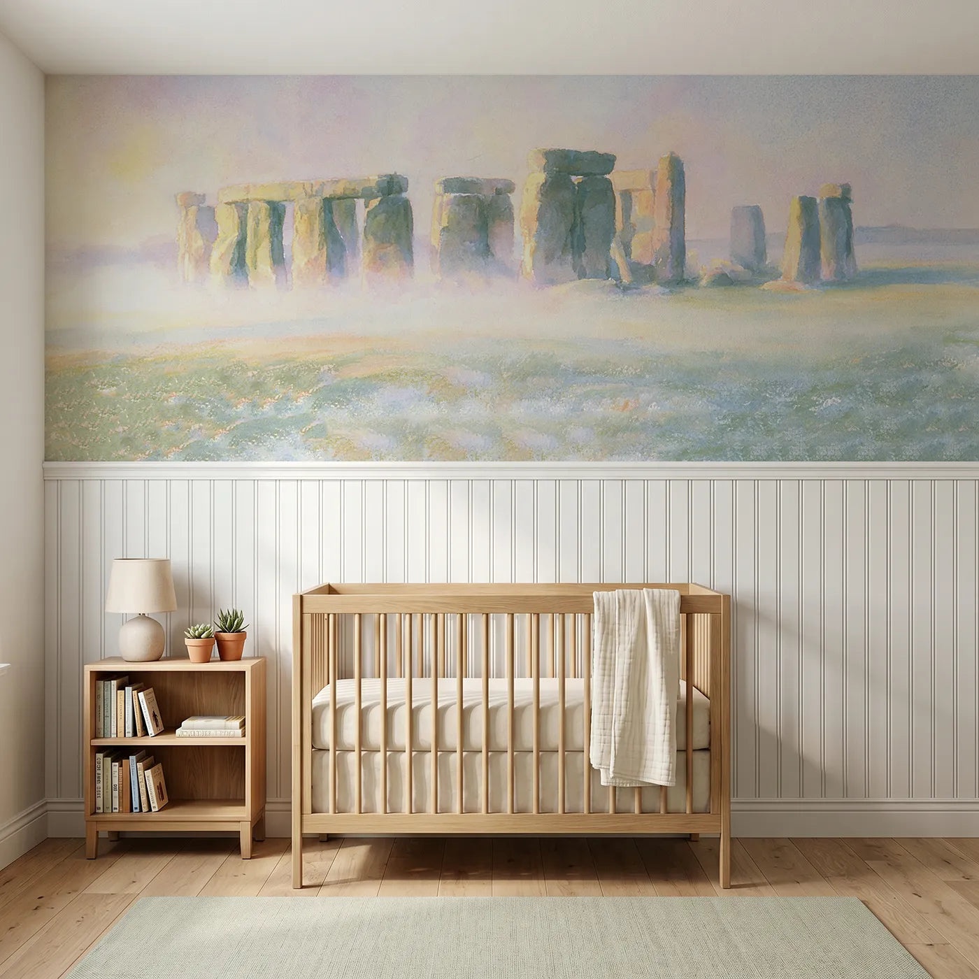 Soft pastel wainscoting wallpaper of Stonehenge in morning mist by Whimsy Tots