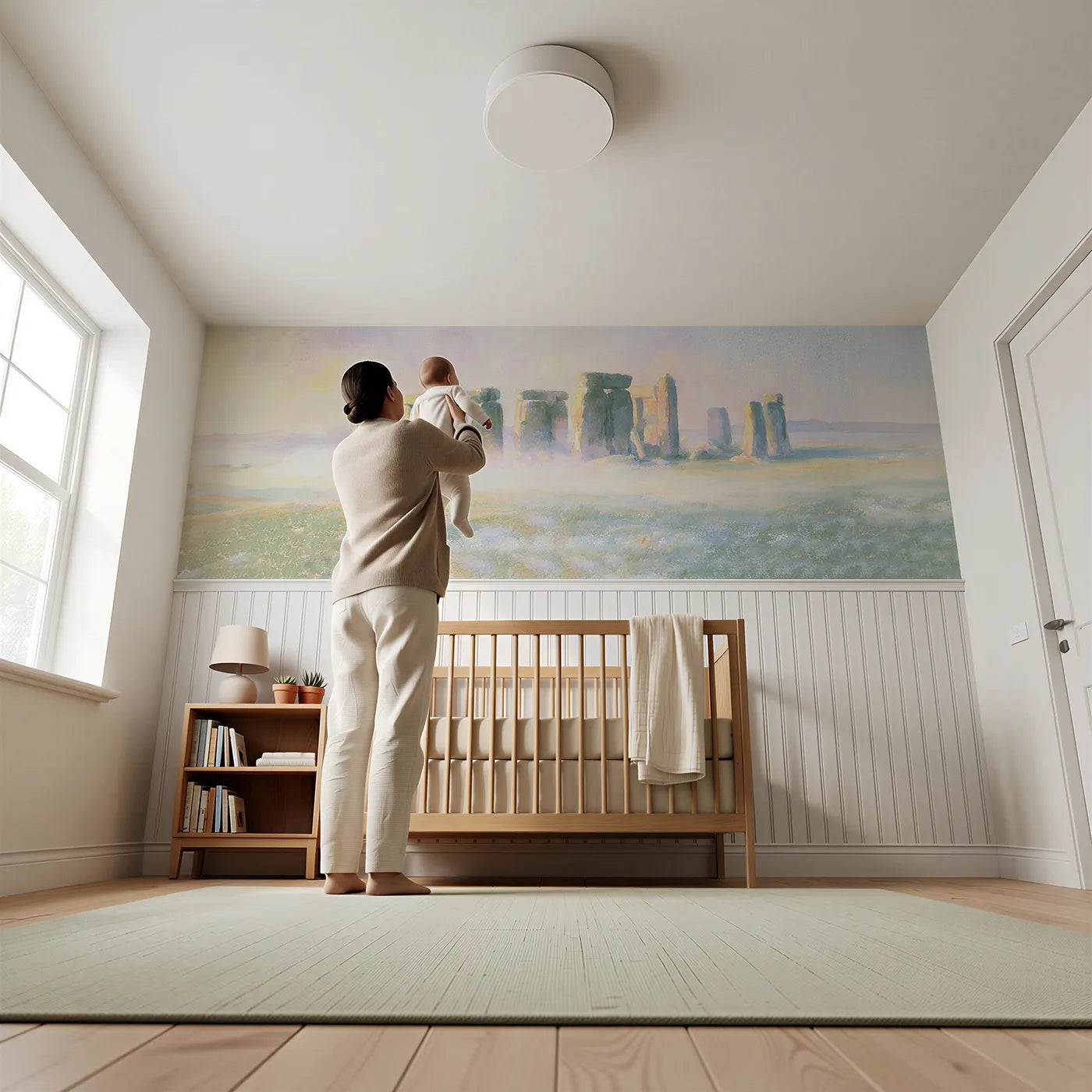 Child reading near Stonehenge In Morning Mist Wainscoting Wallpaper by Whimsy Tots