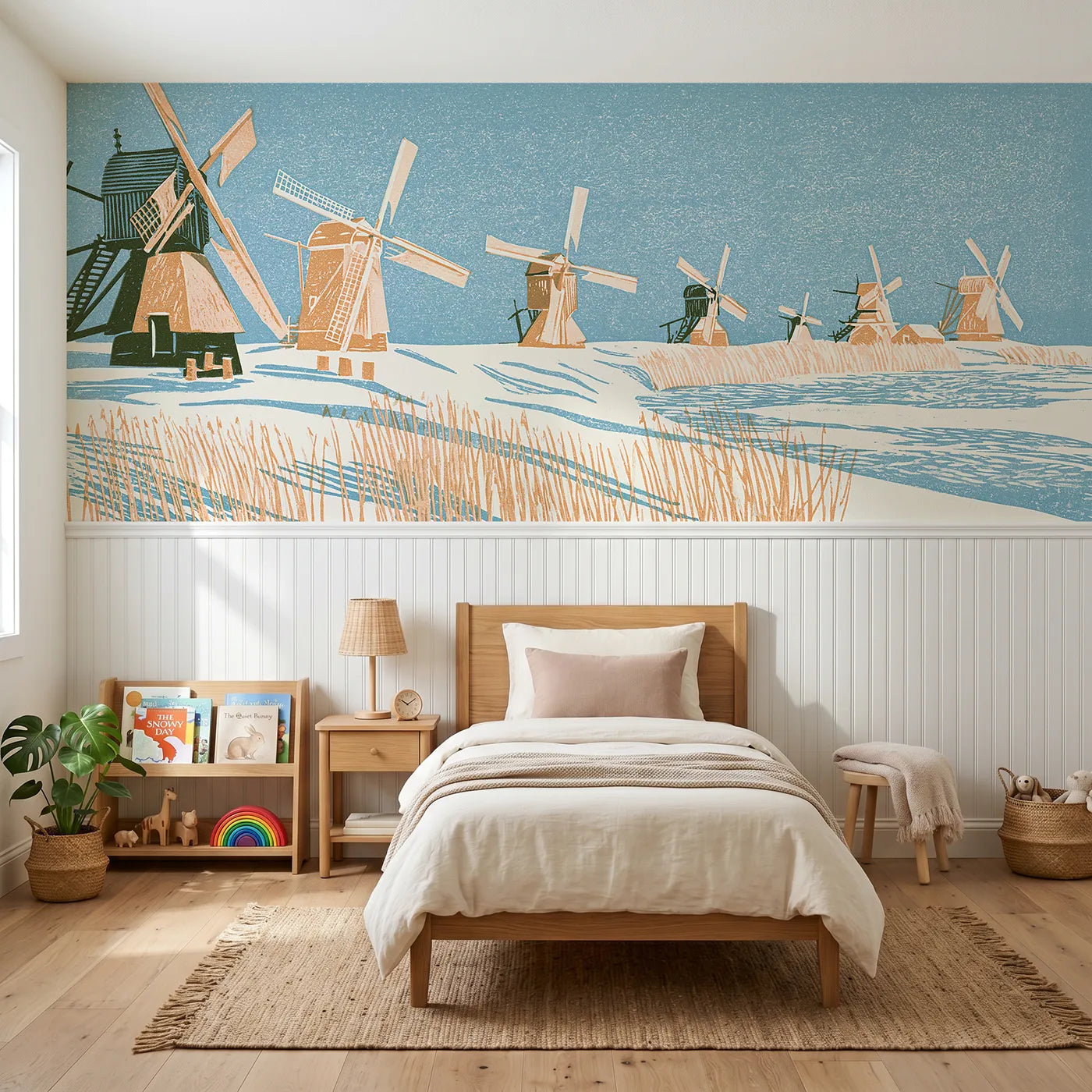 Block print wainscoting wallpaper of carved mills along a dike by Whimsy Tots