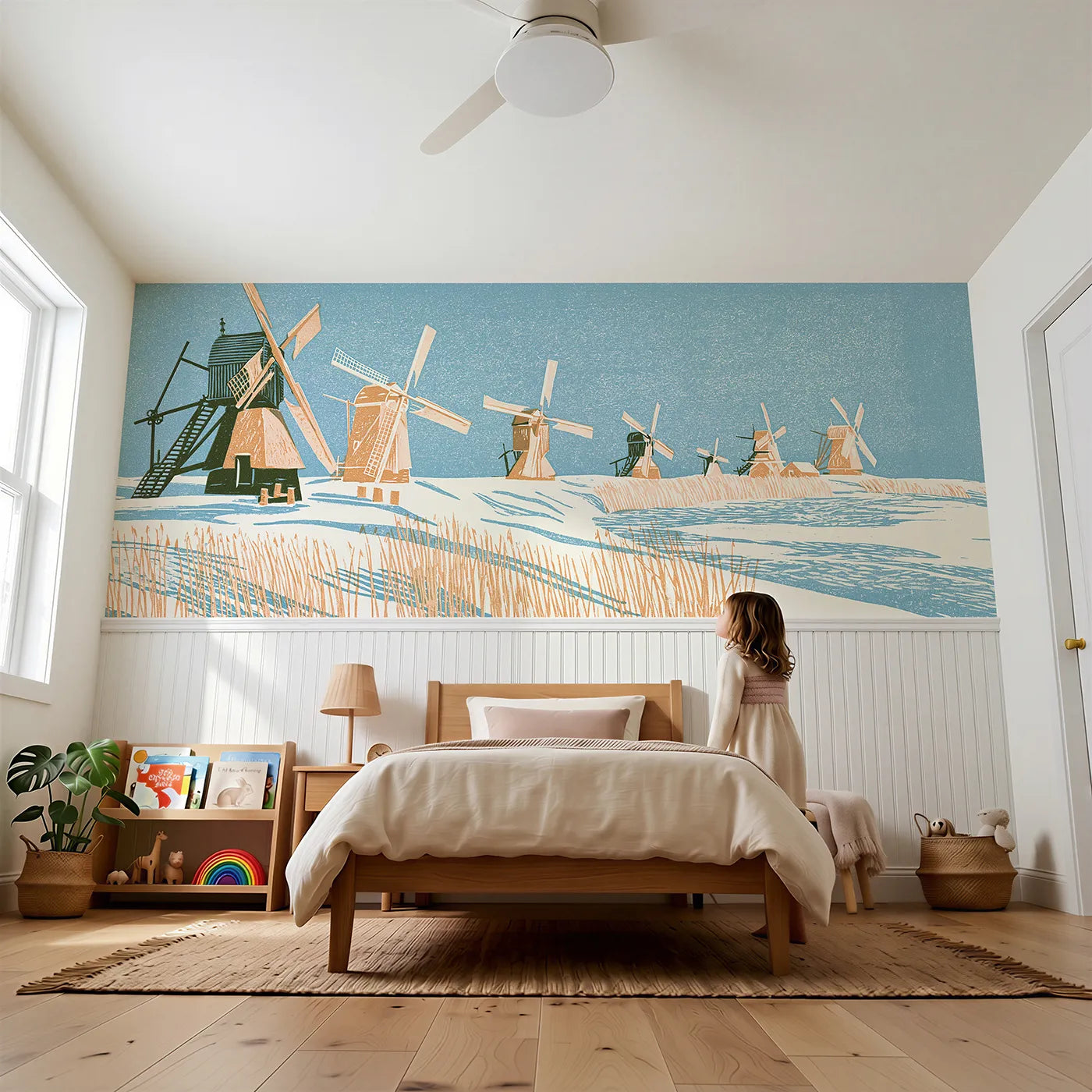 Child reading near Carved Mills Along Dike Wainscoting Wallpaper by Whimsy Tots