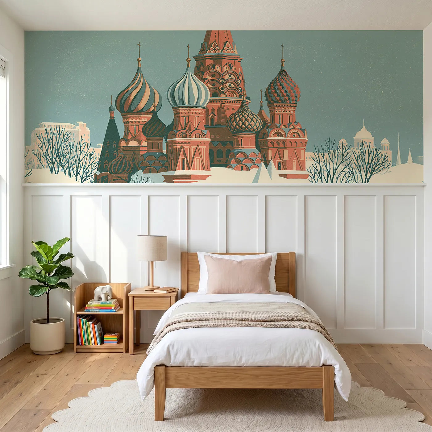 Block print wainscoting wallpaper of carved painted domes by Whimsy Tots