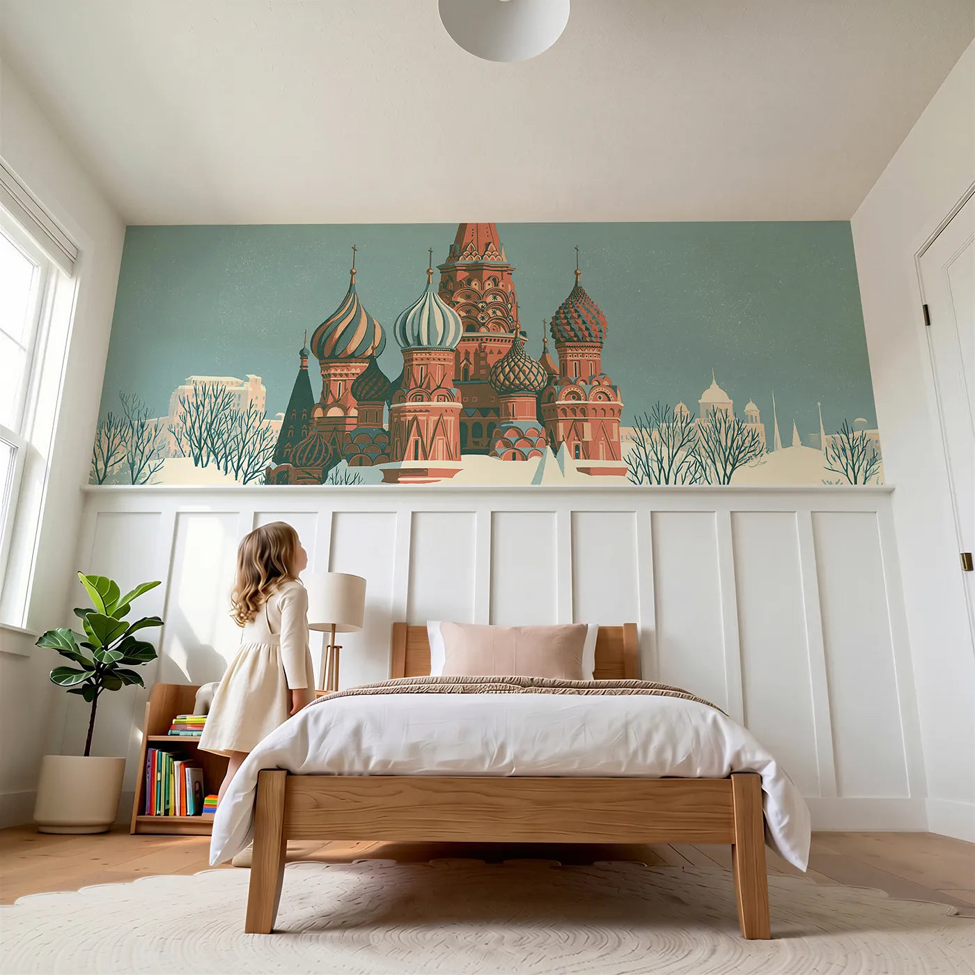 Child reading near Carved Painted Domes Wainscoting Wallpaper by Whimsy Tots
