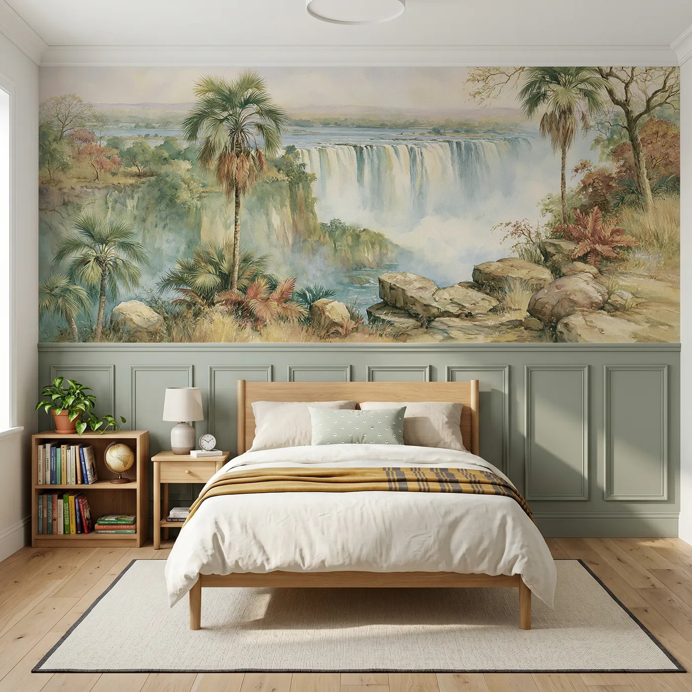 Storybook wainscoting wallpaper of Victoria Falls on a bright day by Whimsy Tots