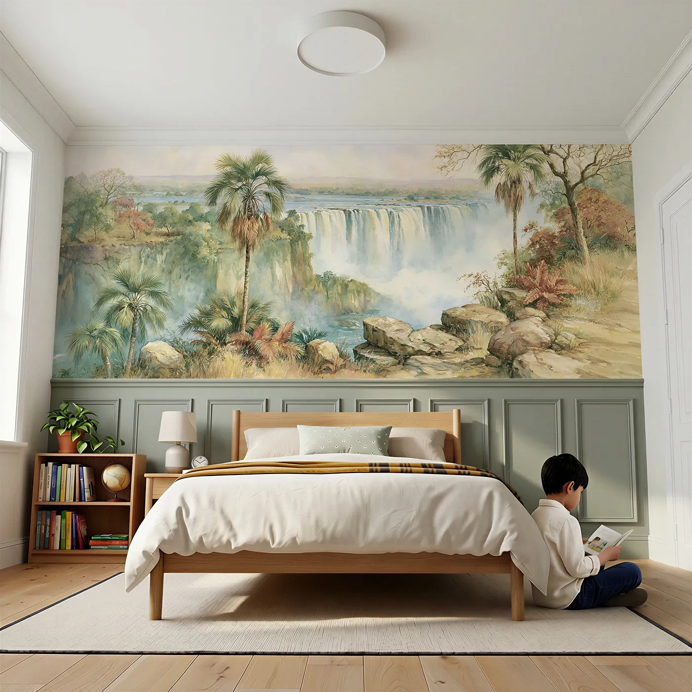 Child reading near Victoria Falls Bright Day Wainscoting Wallpaper by Whimsy Tots