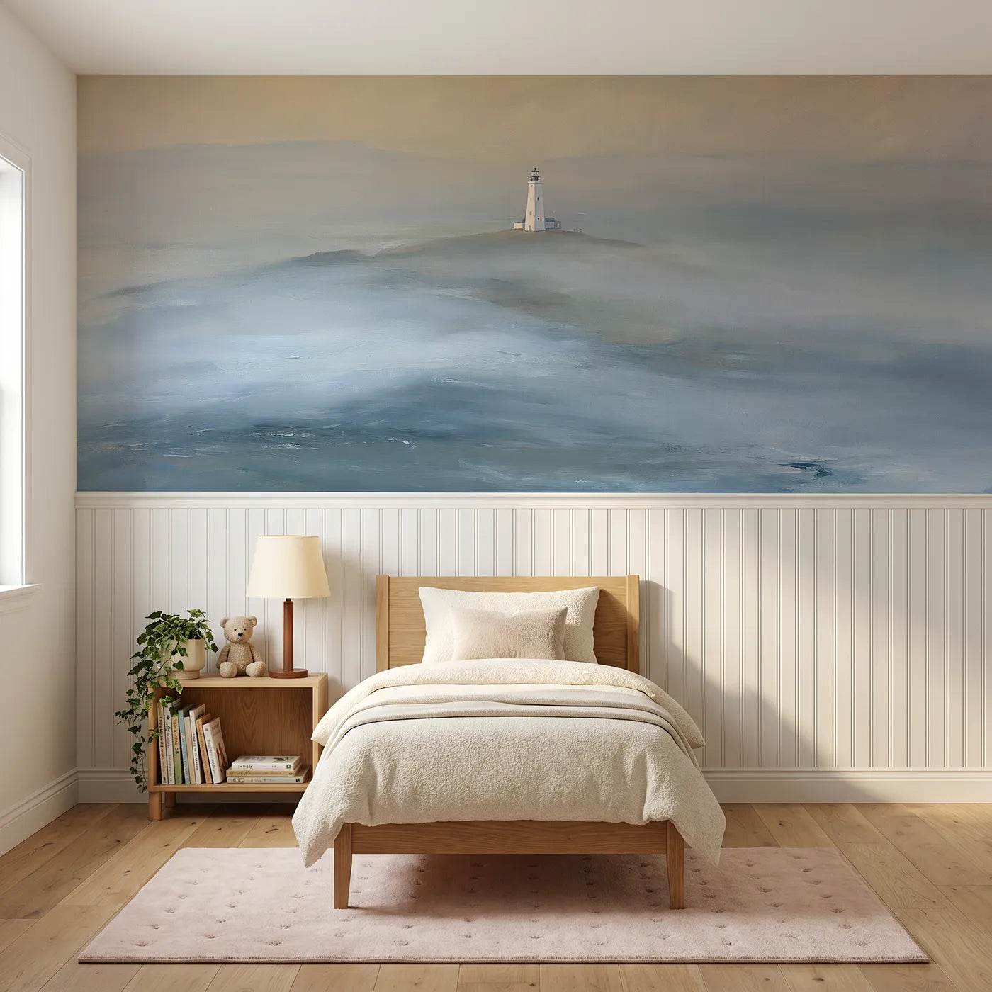 Watercolor wainscoting wallpaper of a lighthouse above the fog by Whimsy Tots