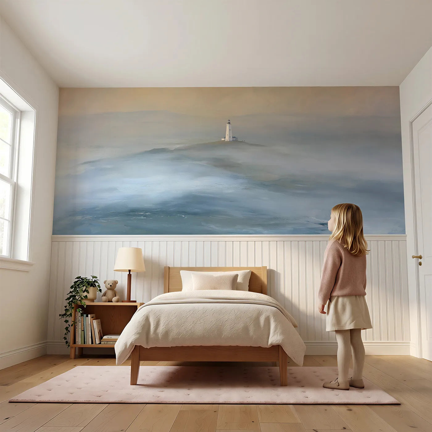 Child reading near Lighthouse Above The Fog Wainscoting Wallpaper by Whimsy Tots