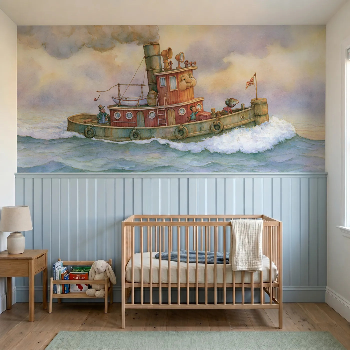Storybook wainscoting wallpaper of a brave tug heading out by Whimsy Tots