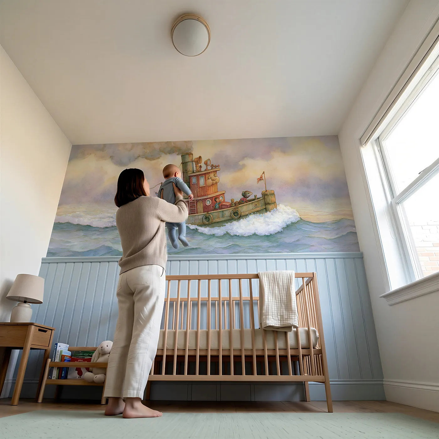 Child reading near Tug Heading Out Bravely Wainscoting Wallpaper by Whimsy Tots