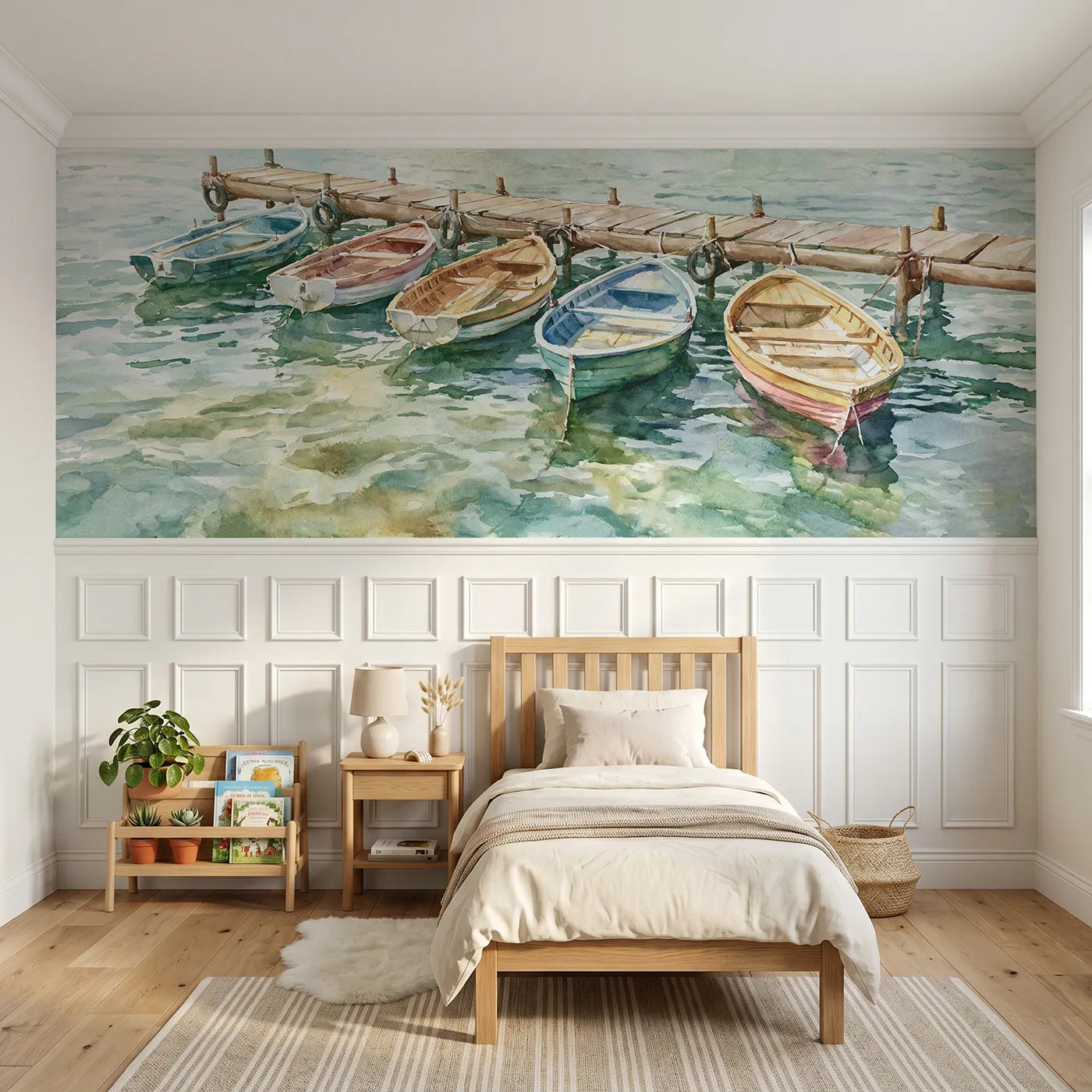 Watercolor wainscoting wallpaper of dinghies tied at the pontoon by Whimsy Tots