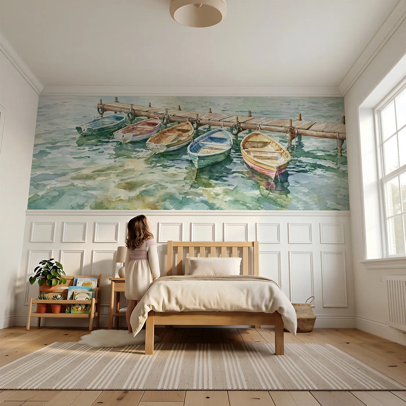 Child reading near Dinghies At The Pontoon Wainscoting Wallpaper by Whimsy Tots