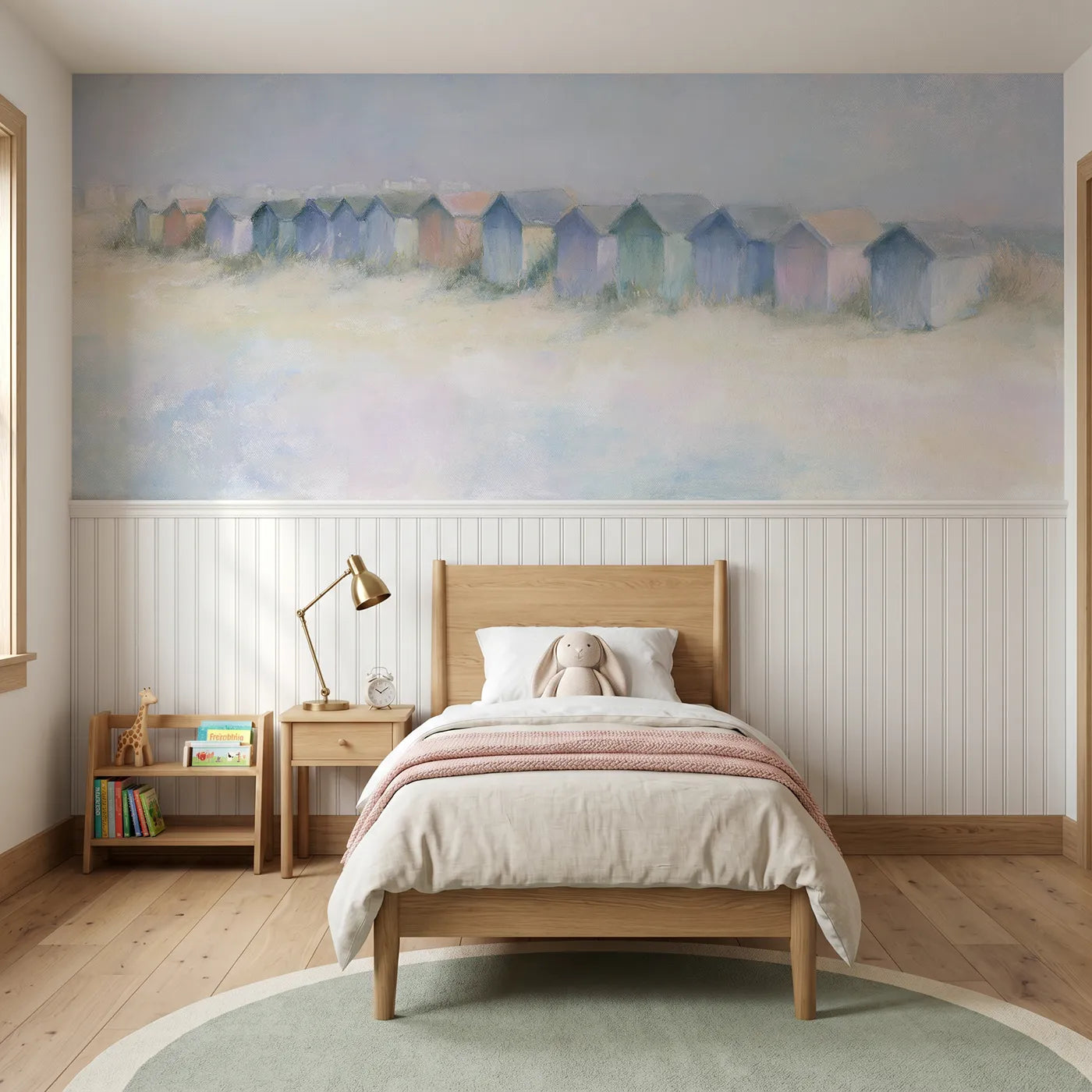 Soft pastel wainscoting wallpaper of a band of little beach huts by Whimsy Tots