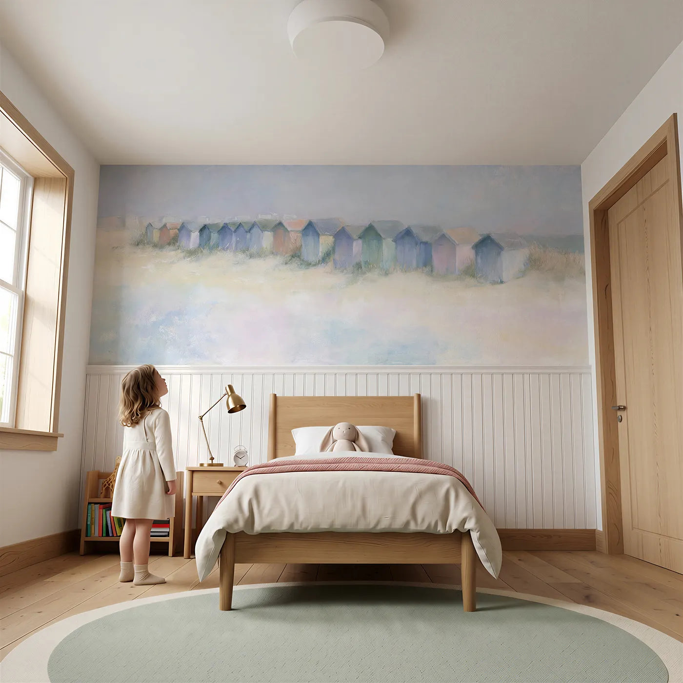 Child reading near Beach Huts Pastel Band Wainscoting Wallpaper by Whimsy Tots