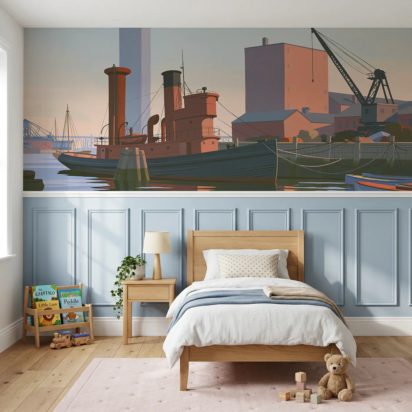 Modern illustration wainscoting wallpaper of a flat tug at the quay by Whimsy Tots