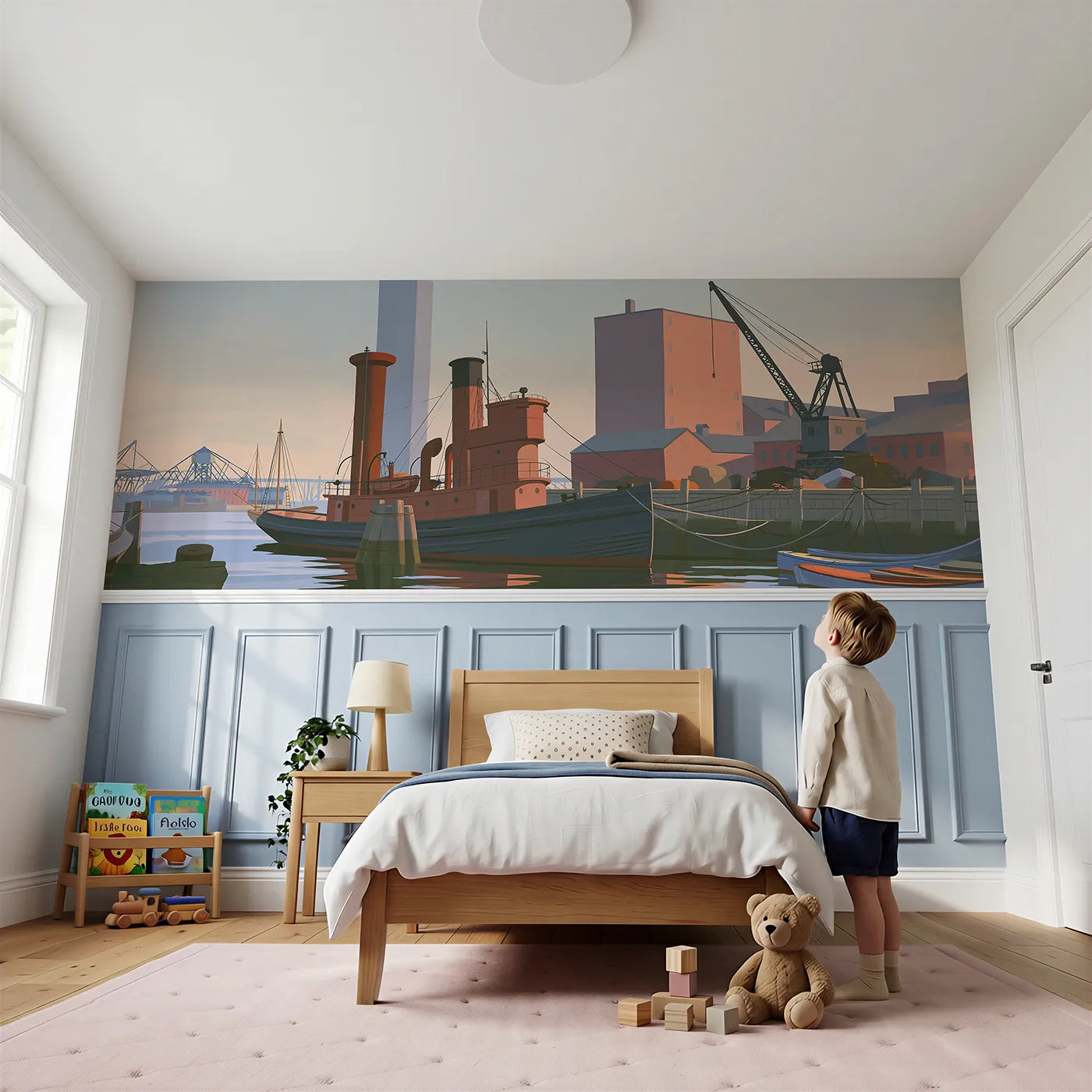Child reading near Flat Tug At Quay Wainscoting Wallpaper by Whimsy Tots