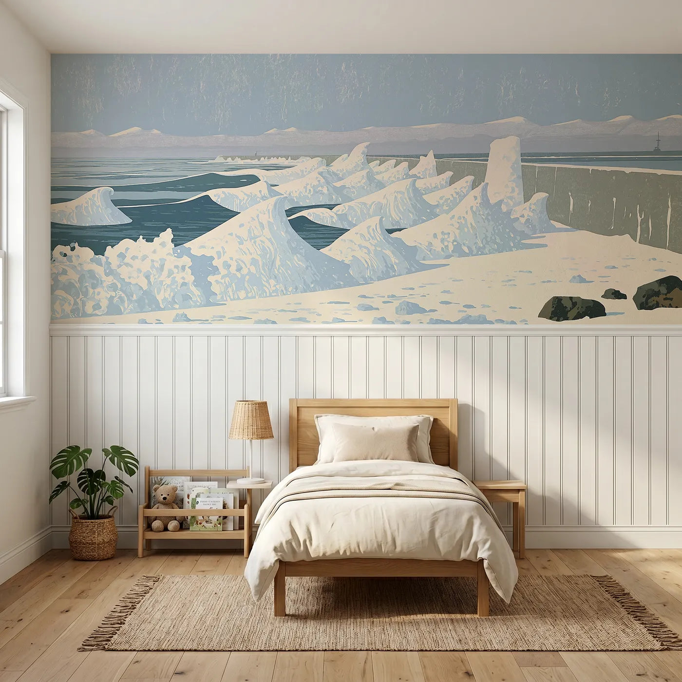 Block print wainscoting wallpaper of waves washing the harbor wall by Whimsy Tots