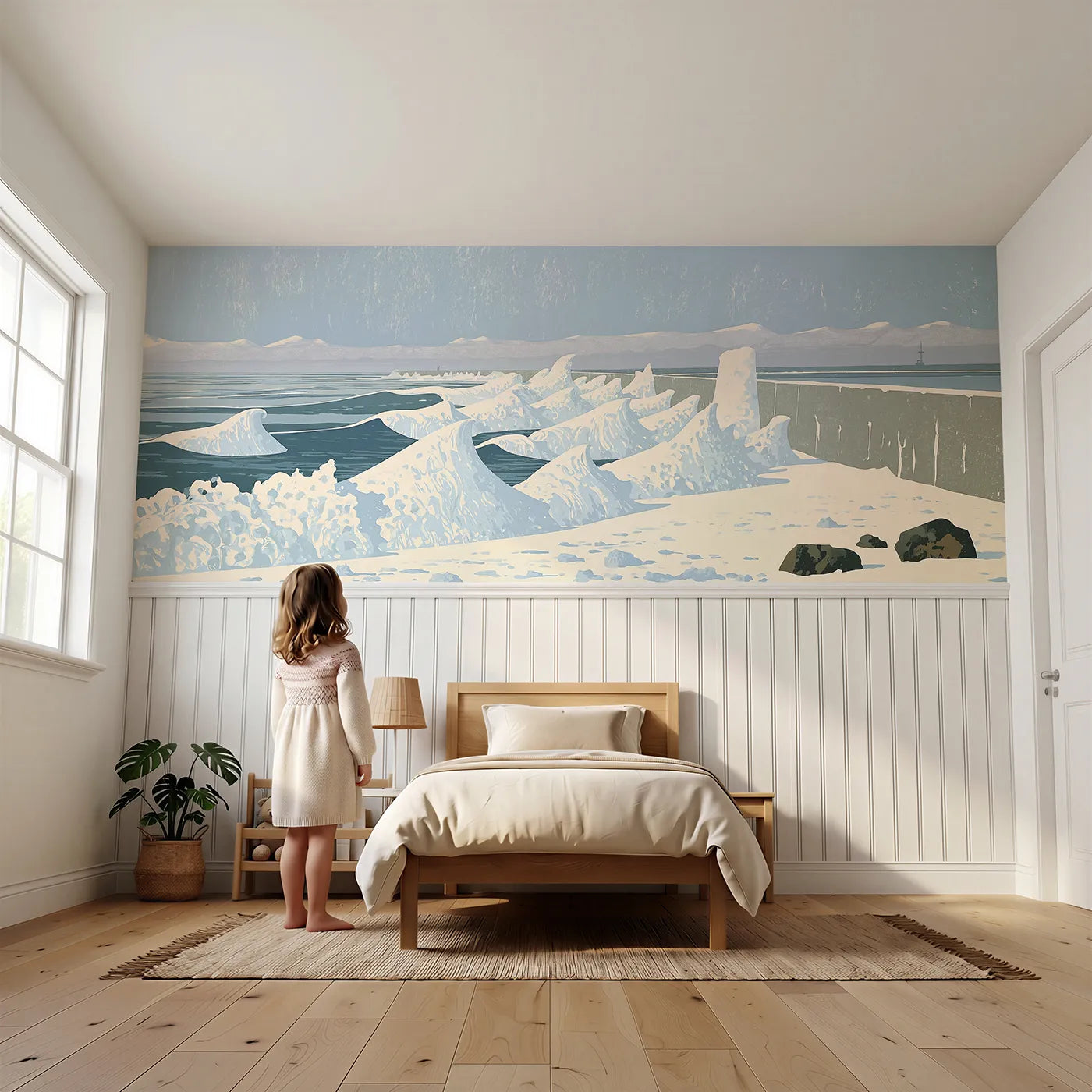 Child reading near Waves Wash The Wall Wainscoting Wallpaper by Whimsy Tots