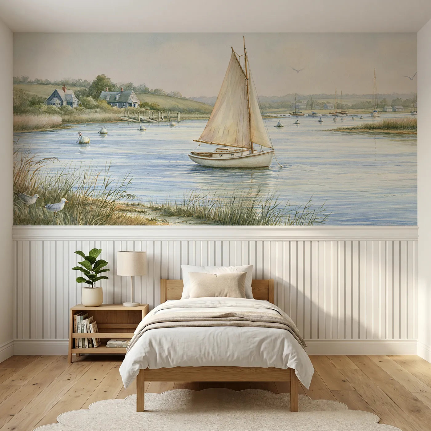 Storybook wainscoting wallpaper of a sailboat becalmed on glass by Whimsy Tots
