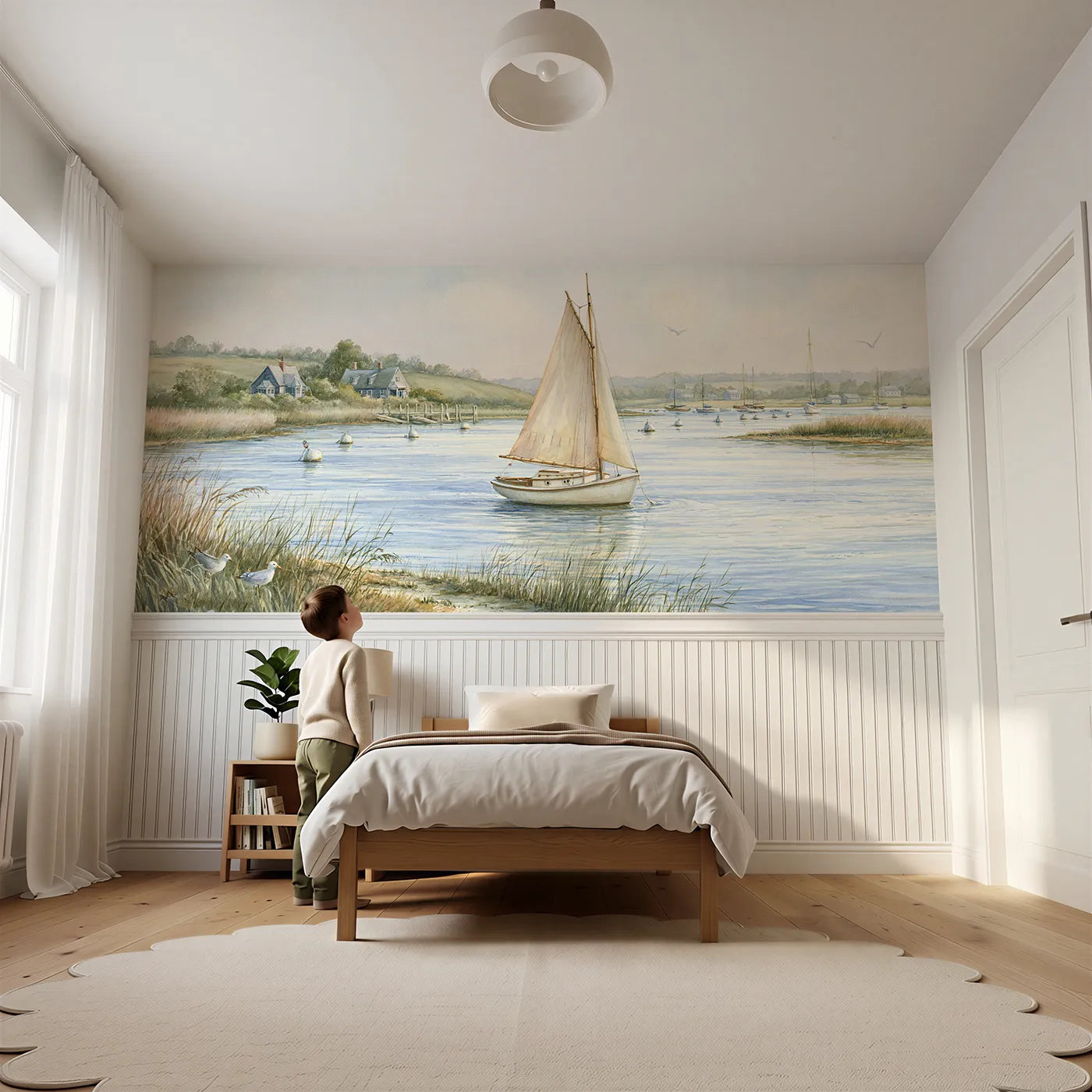 Child reading near Becalmed On Glassy Water Wainscoting Wallpaper by Whimsy Tots
