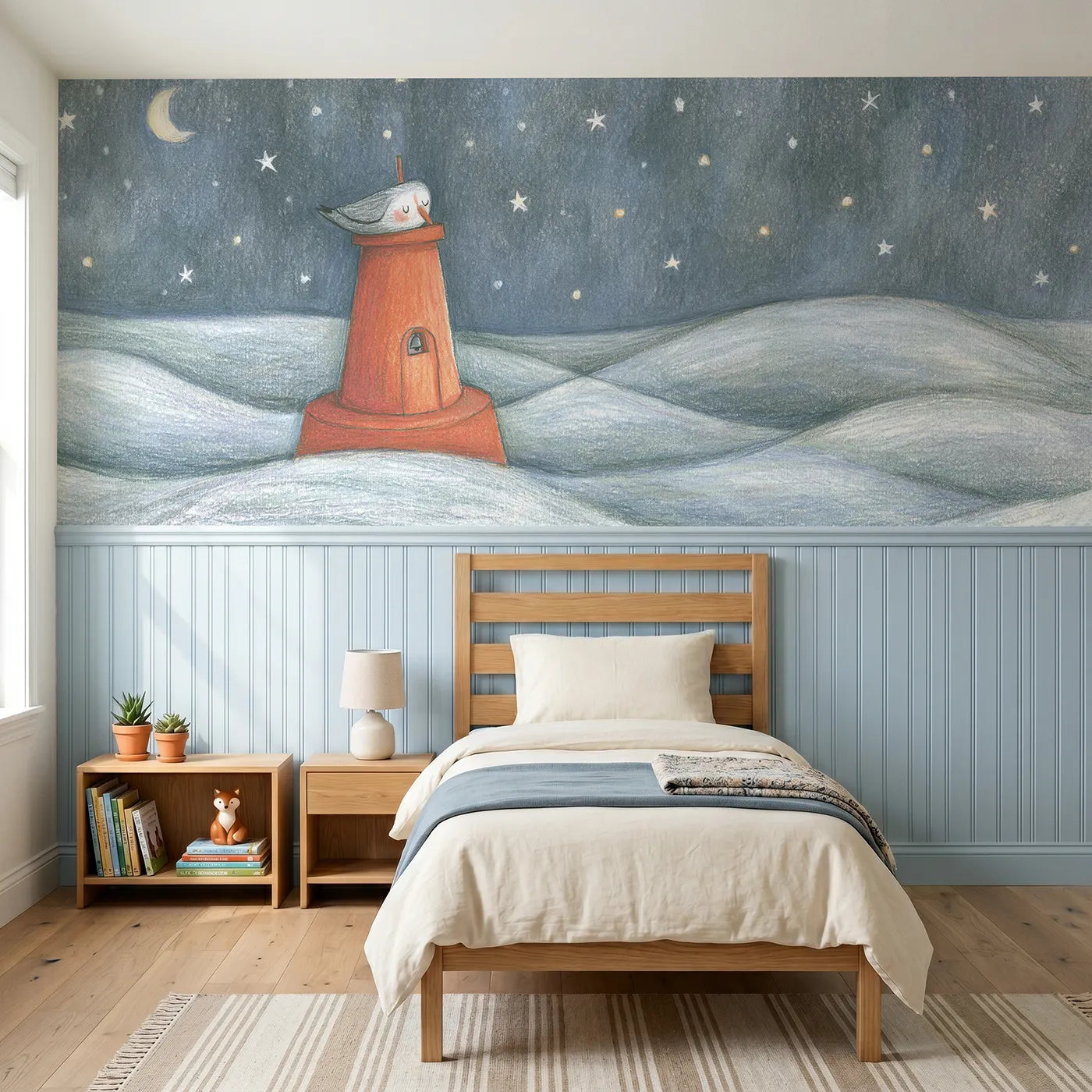 Colored pencil wainscoting wallpaper of a bell buoy and sleeping gull by Whimsy Tots