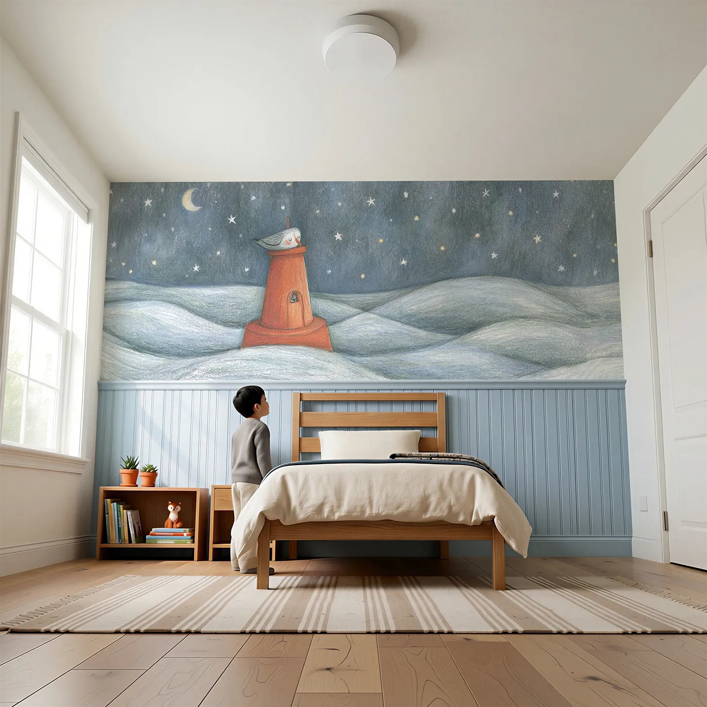 Child reading near Bell Buoy And Gull Wainscoting Wallpaper by Whimsy Tots