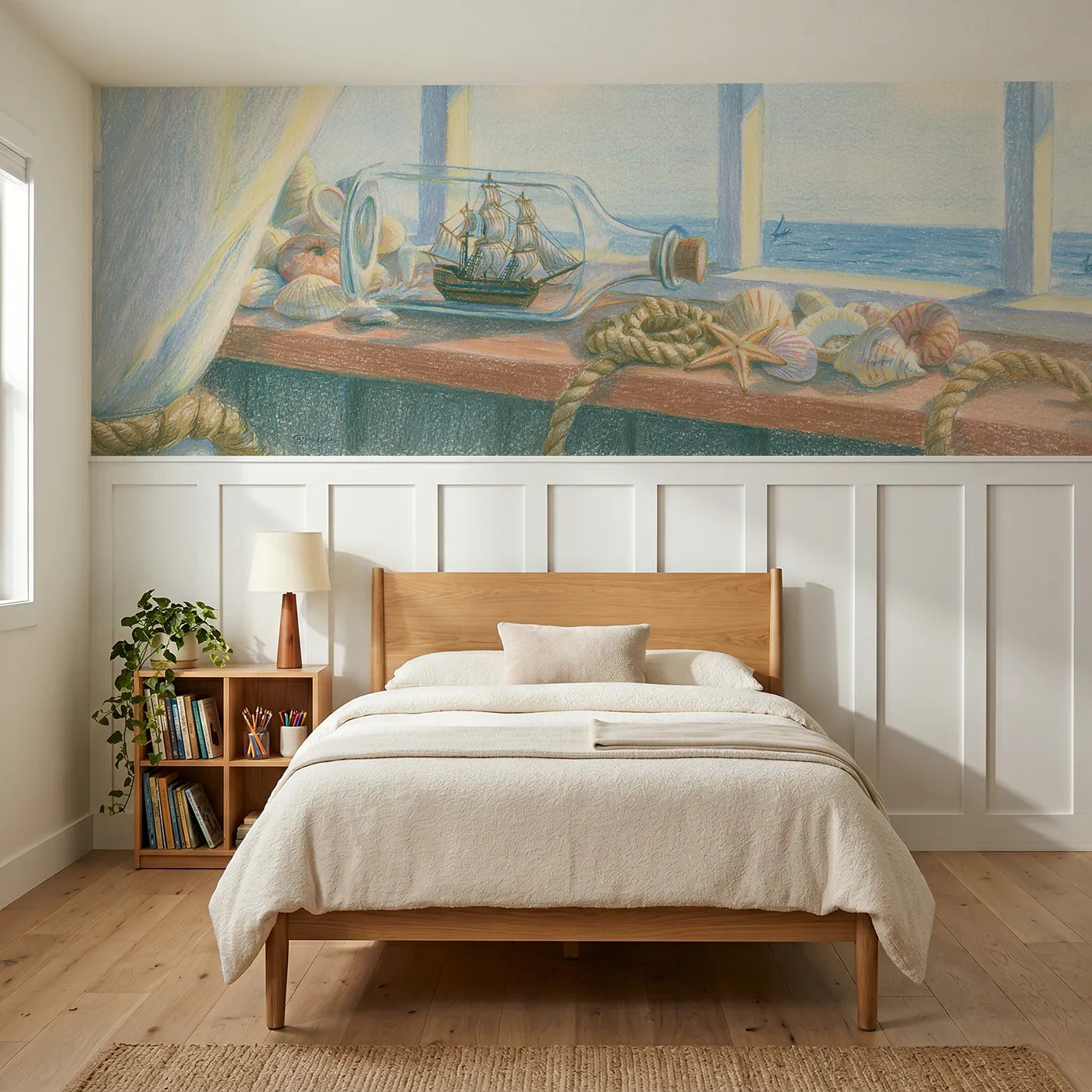 Colored pencil wainscoting wallpaper of a ship in a bottle by Whimsy Tots