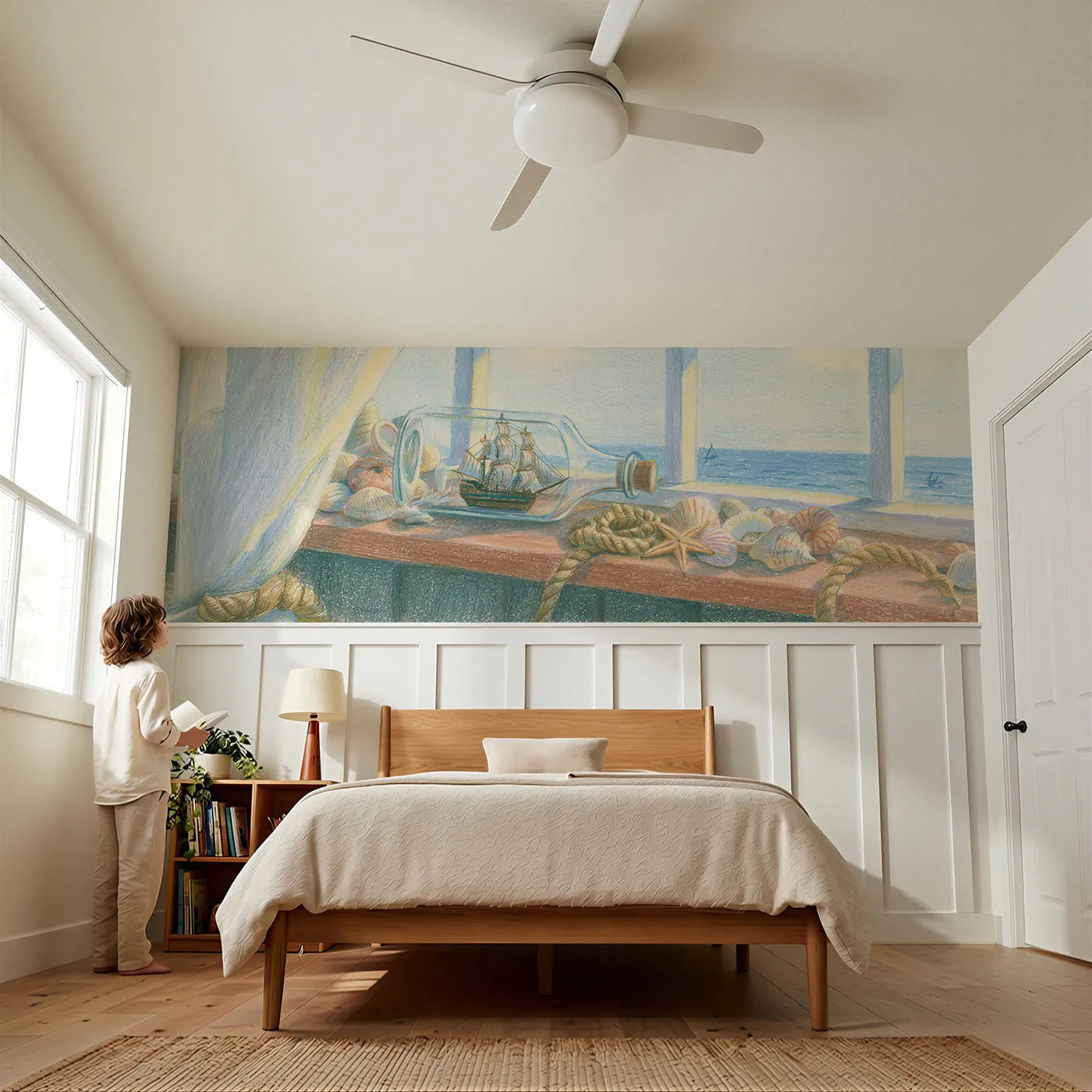 Child reading near The Ship In A Bottle Wainscoting Wallpaper by Whimsy Tots