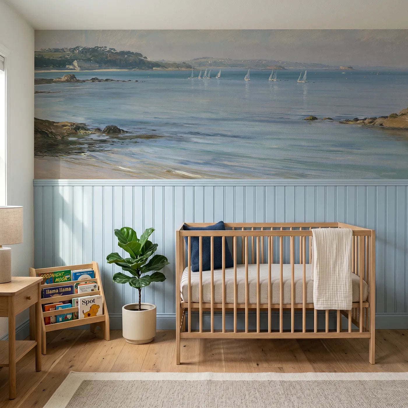 Watercolor wainscoting wallpaper of little sails far offshore by Whimsy Tots
