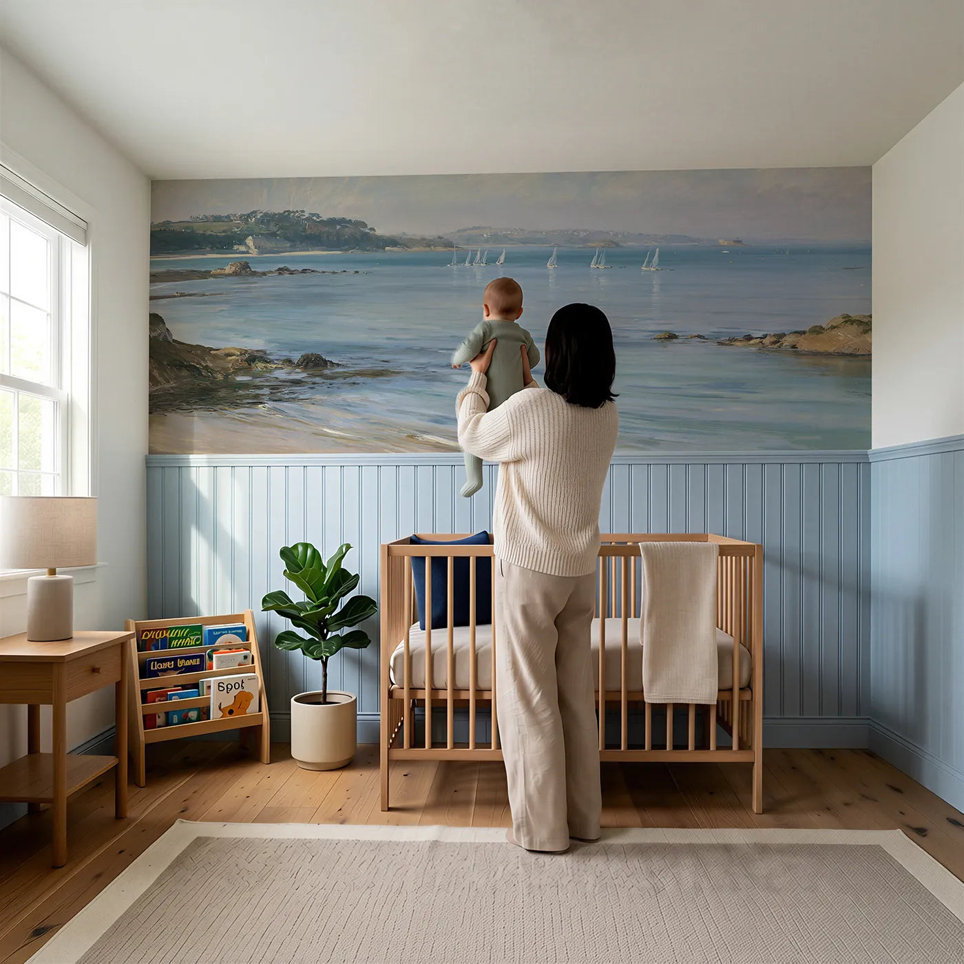 Child reading near Little Sails Far Offshore Wainscoting Wallpaper by Whimsy Tots