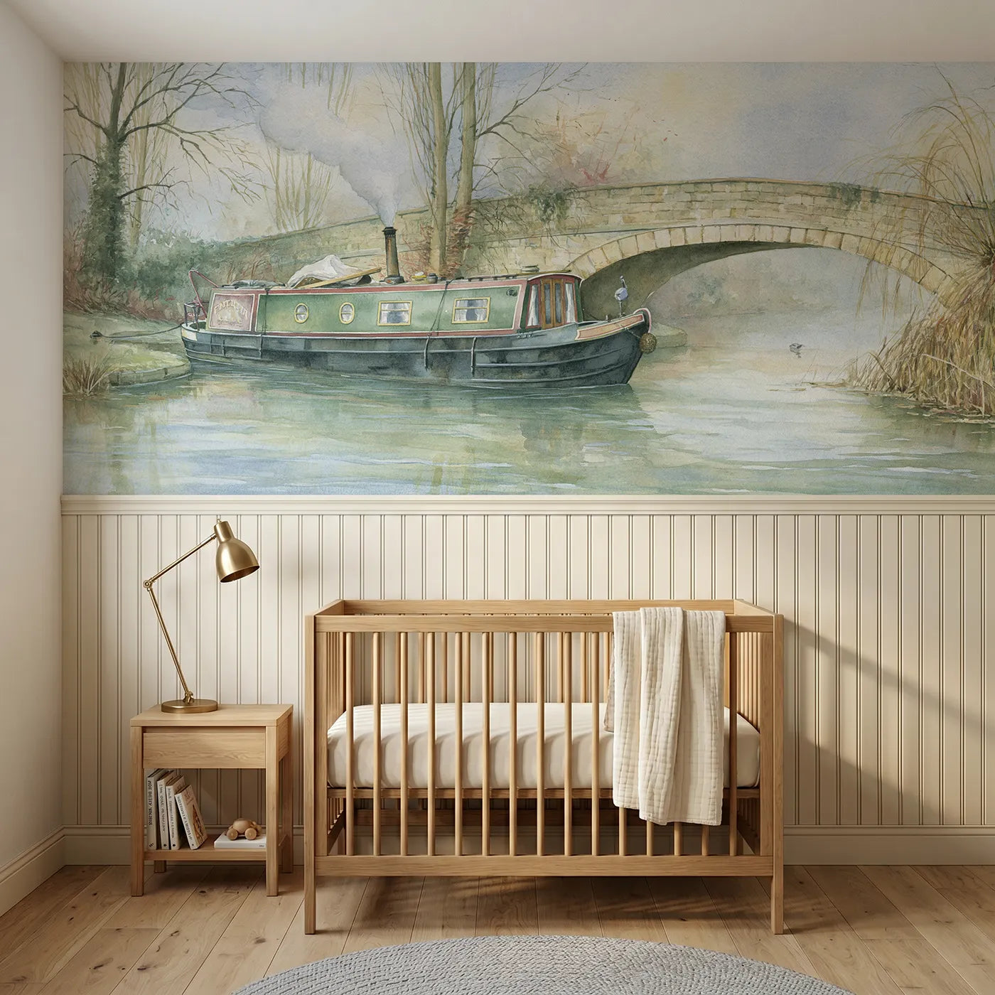 Storybook wainscoting wallpaper of a barge under a stone bridge by Whimsy Tots