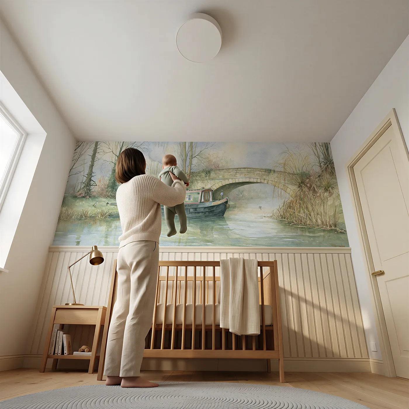 Child reading near Barge Under The Bridge Wainscoting Wallpaper by Whimsy Tots