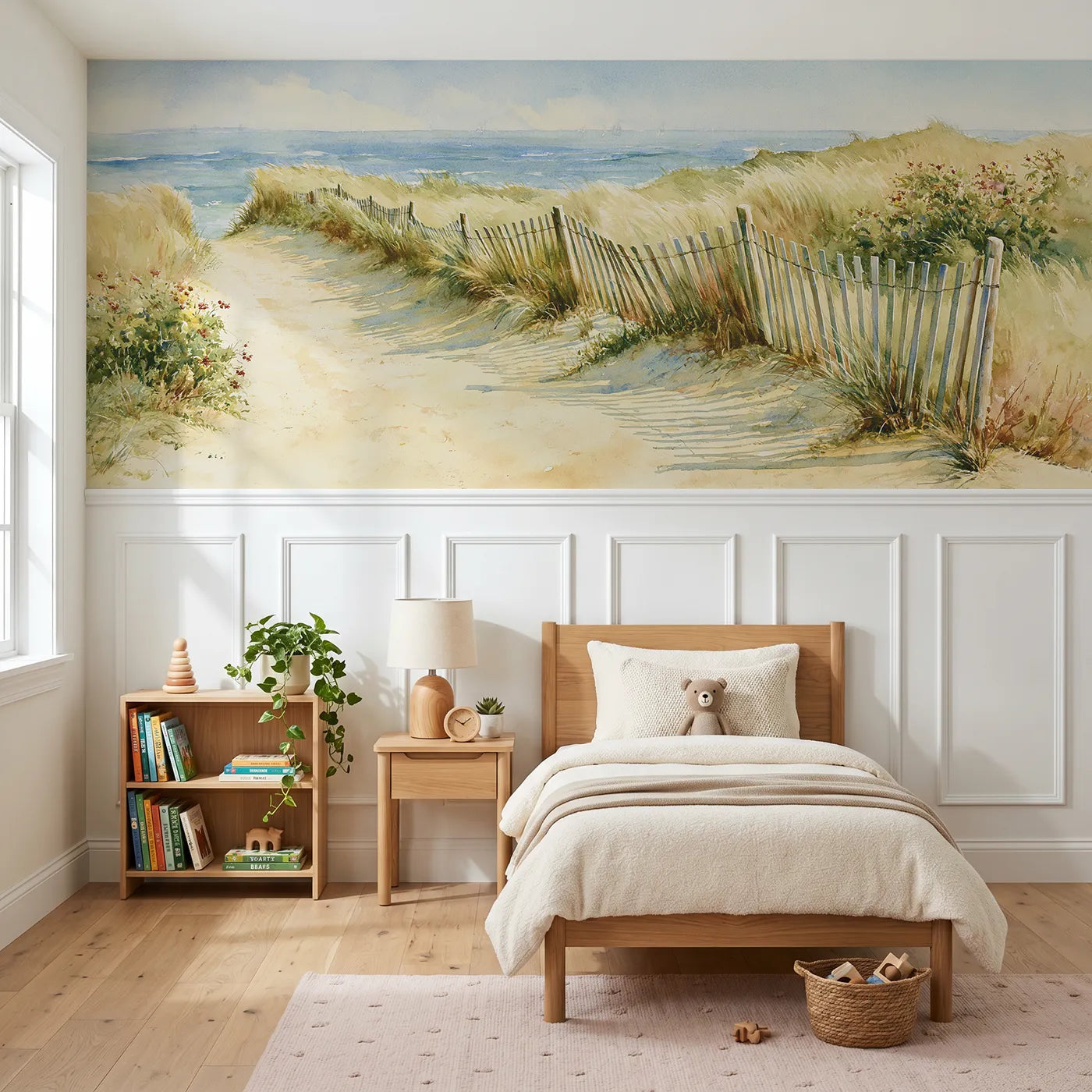 Watercolor wainscoting wallpaper of a dune path down to the sea by Whimsy Tots