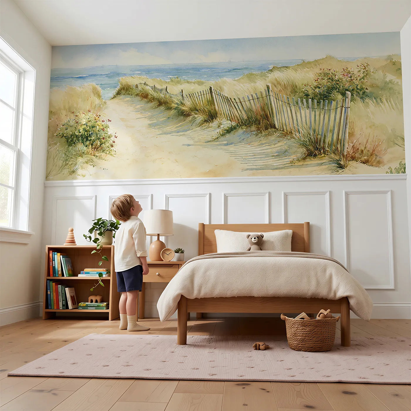 Child reading near Dune Path To Sea Wainscoting Wallpaper by Whimsy Tots