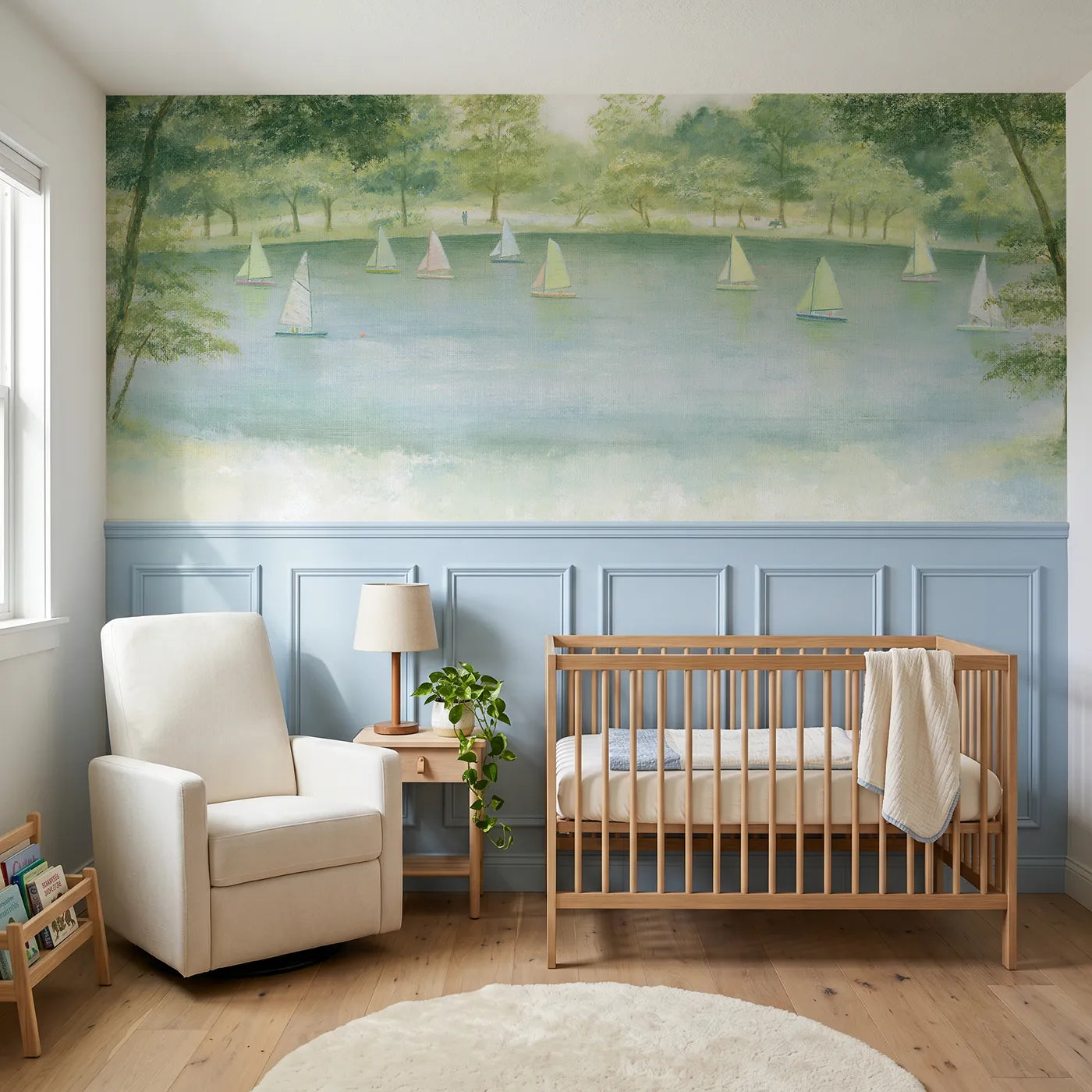 Soft pastel wainscoting wallpaper of pond yachts in the park by Whimsy Tots