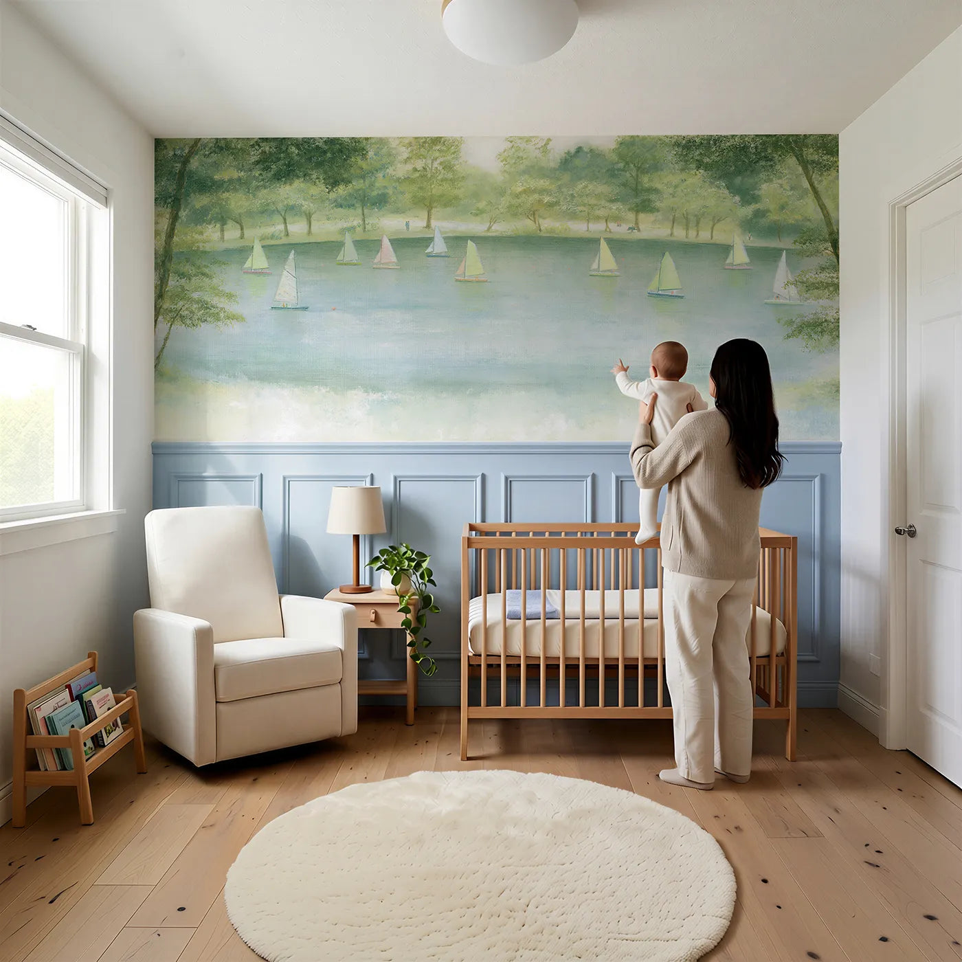 Child reading near Pond Yachts In Park Wainscoting Wallpaper by Whimsy Tots