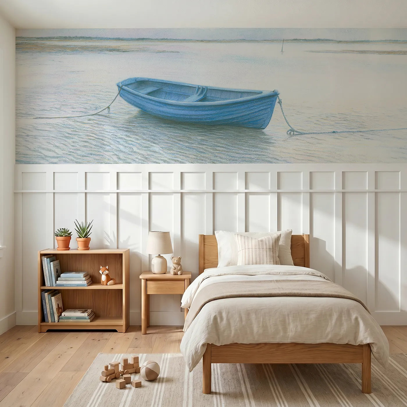Colored pencil wainscoting wallpaper of a dinghy waiting for the tide by Whimsy Tots