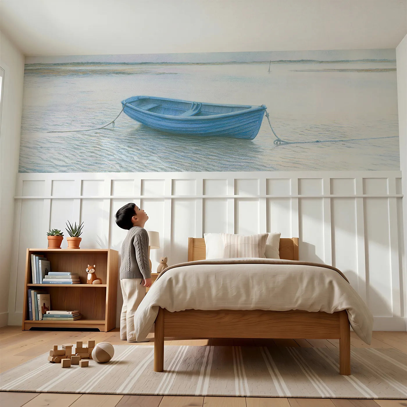 Child reading near Waiting For The Tide Wainscoting Wallpaper by Whimsy Tots