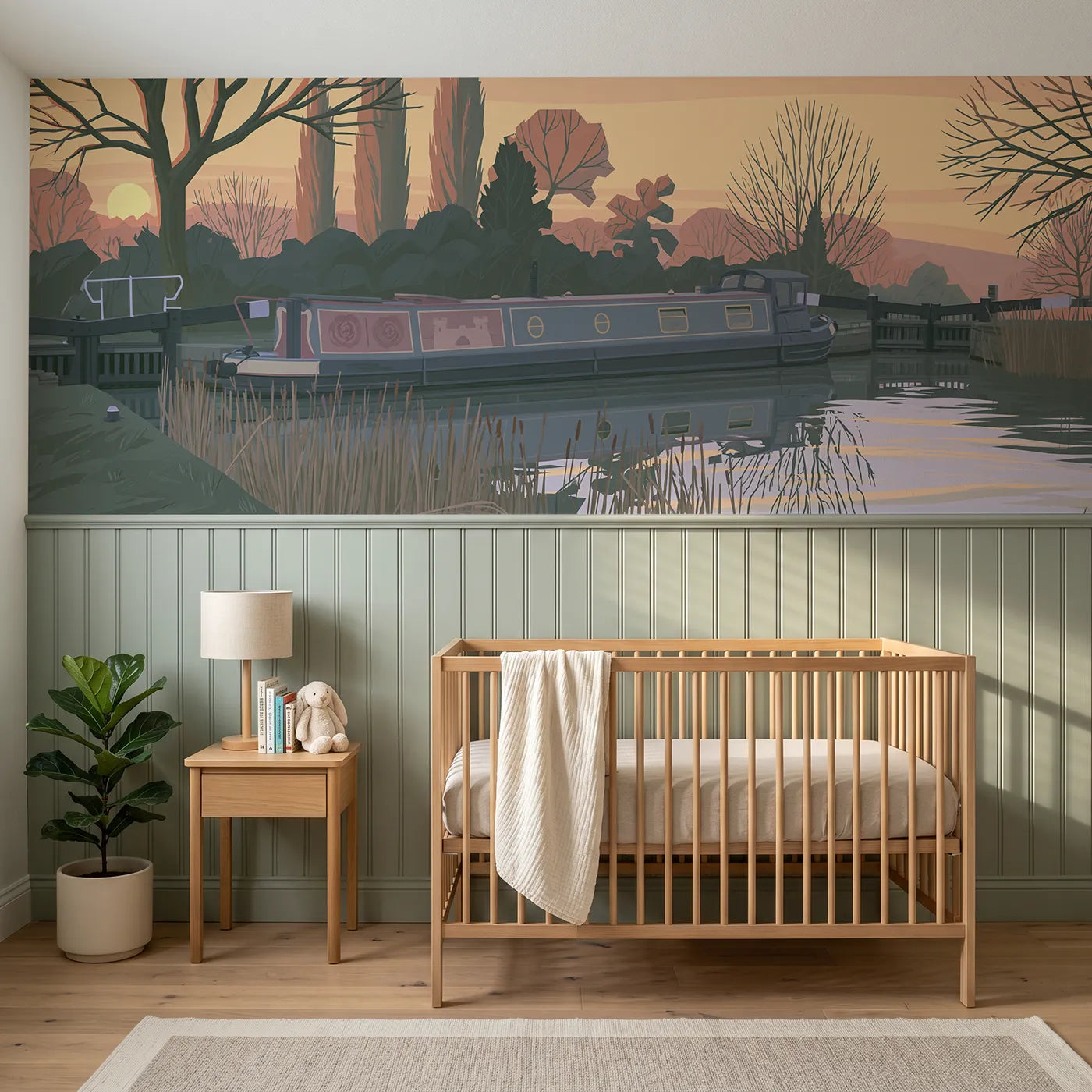 Modern illustration wainscoting wallpaper of a painted barge at dusk by Whimsy Tots