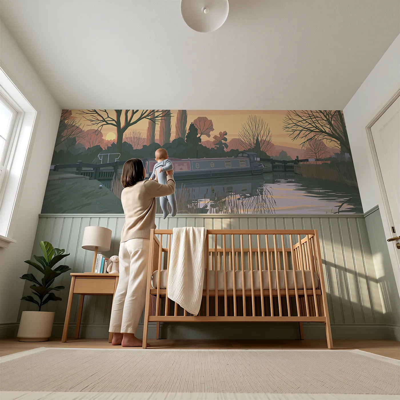 Child reading near Painted Barge Mooring Ropes Wainscoting Wallpaper by Whimsy Tots