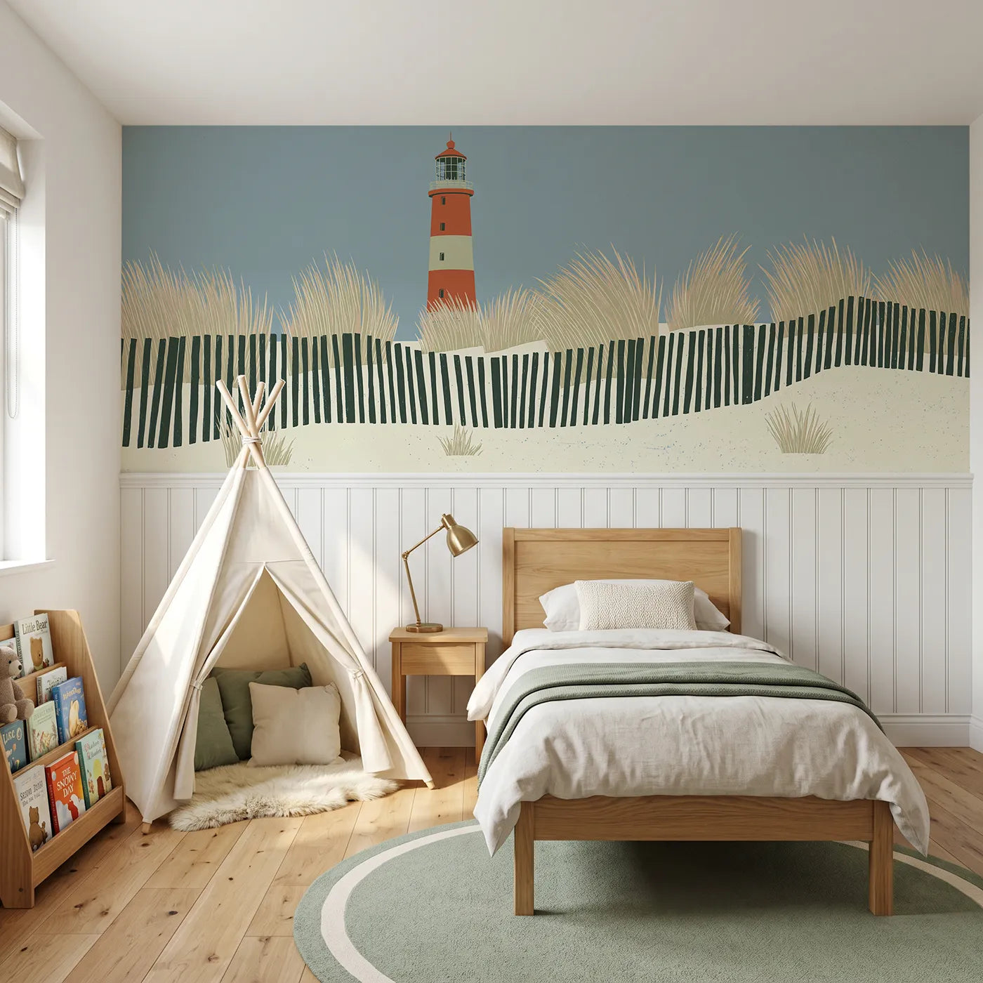 Block print wainscoting wallpaper of a lighthouse in dune grass by Whimsy Tots