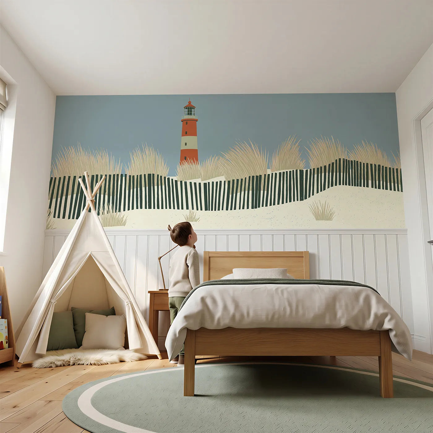 Child reading near Lighthouse In Dune Grass Wainscoting Wallpaper by Whimsy Tots